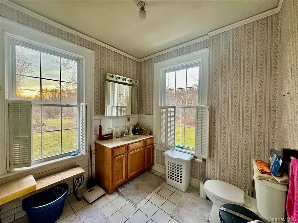 Bathroom with vanity, tile patterned flooring, toilet, and plenty of natural light Bathroom with vanity, tile patterned flooring, toilet, and plenty of natural light