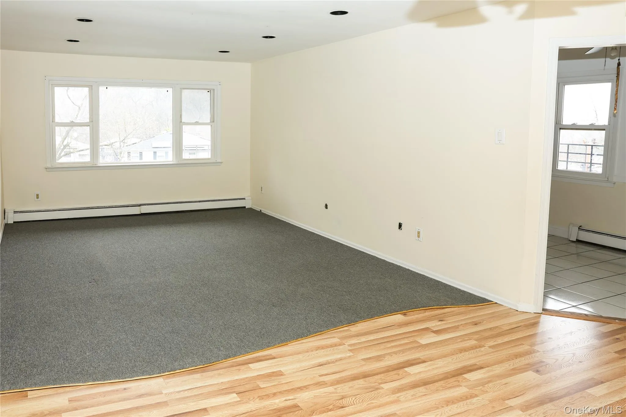 Unfurnished room with a baseboard radiator, wood finished floors, and carpet Unfurnished room with a baseboard radiator, wood finished floors, and carpet