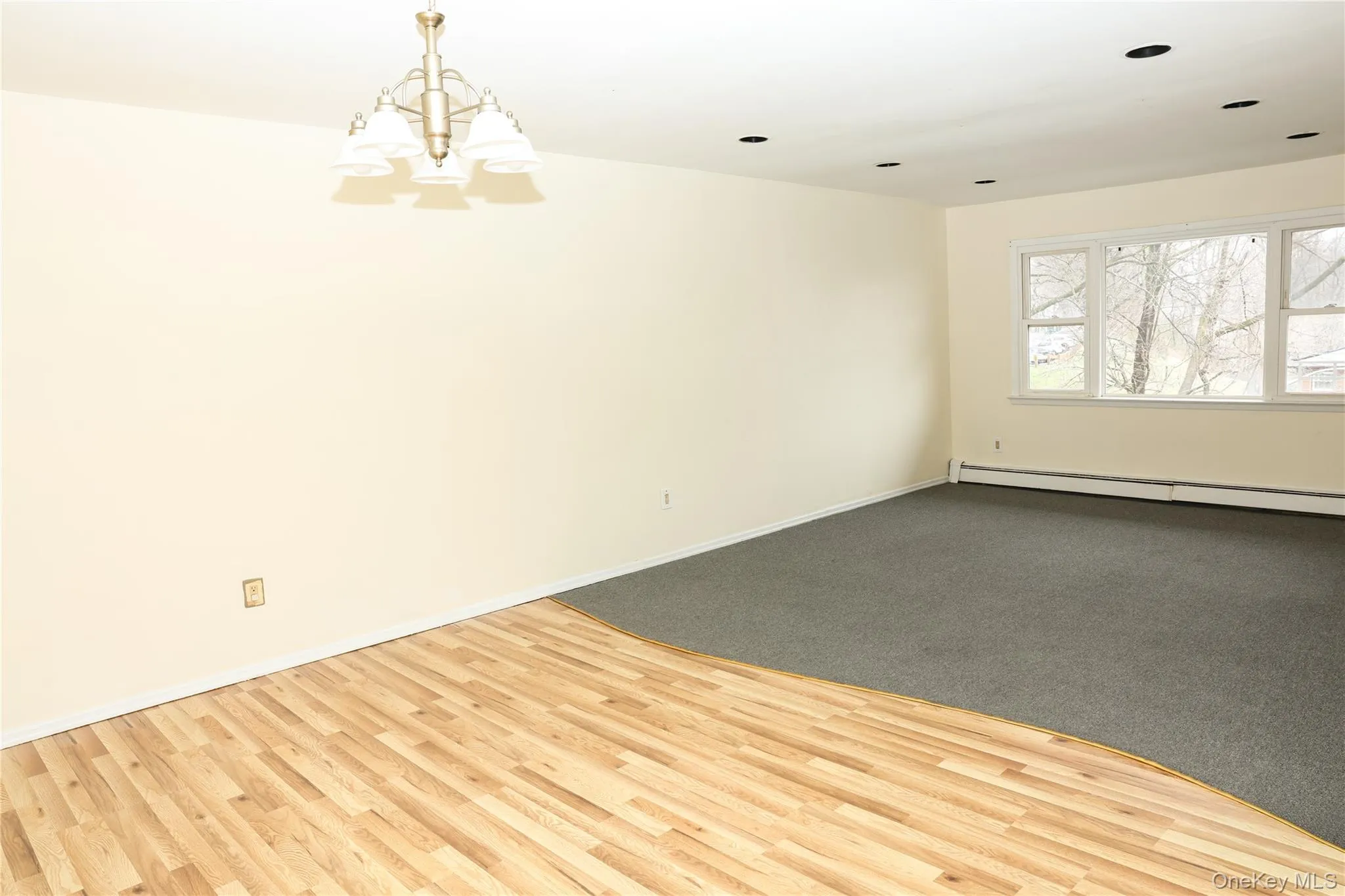 Empty room with baseboard heating, a chandelier, and wood finished floors Empty room with baseboard heating, a chandelier, and wood finished floors