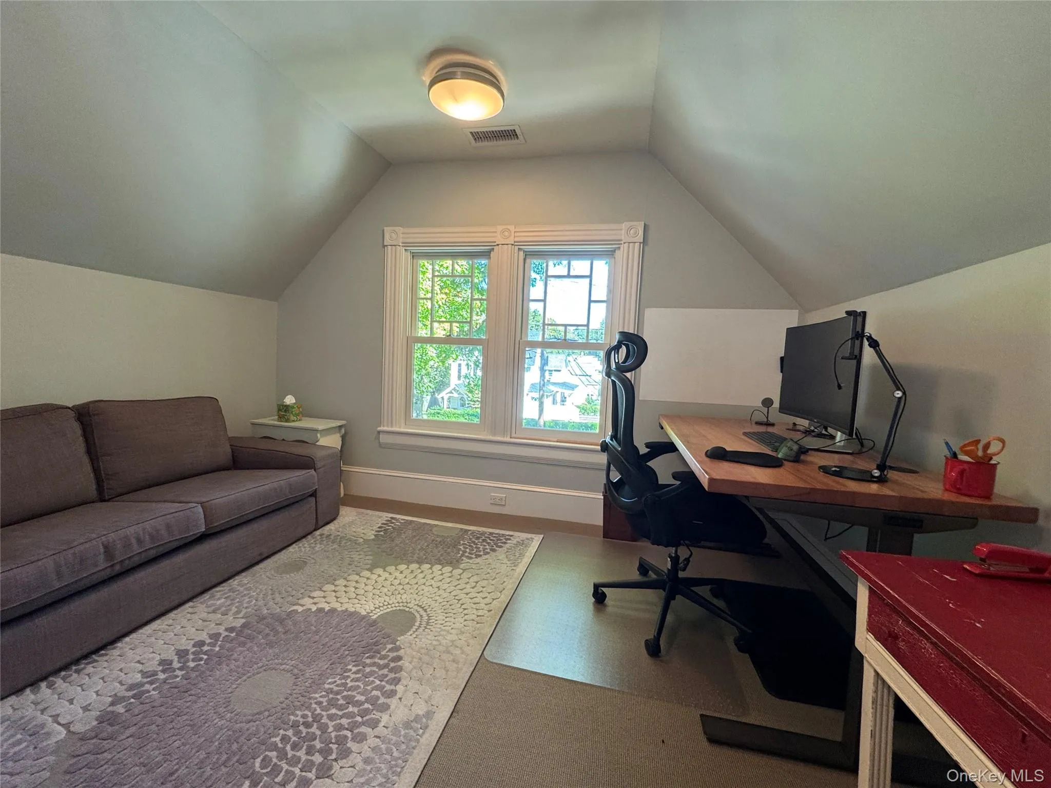 Lovely office with big windows, sofa and desk Lovely office with big windows, sofa and desk