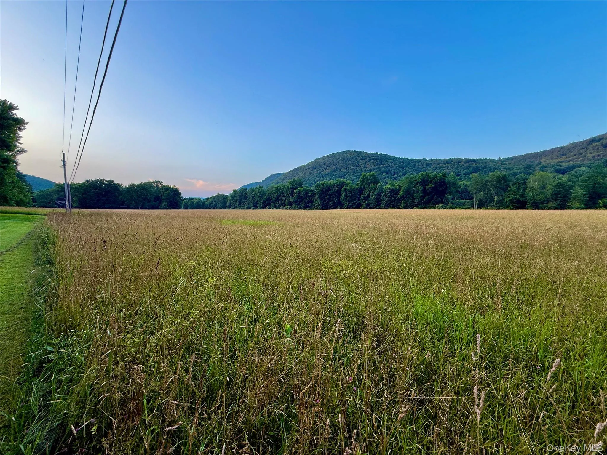 Hay fields and mountains, electric service from road Hay fields and mountains, electric service from road