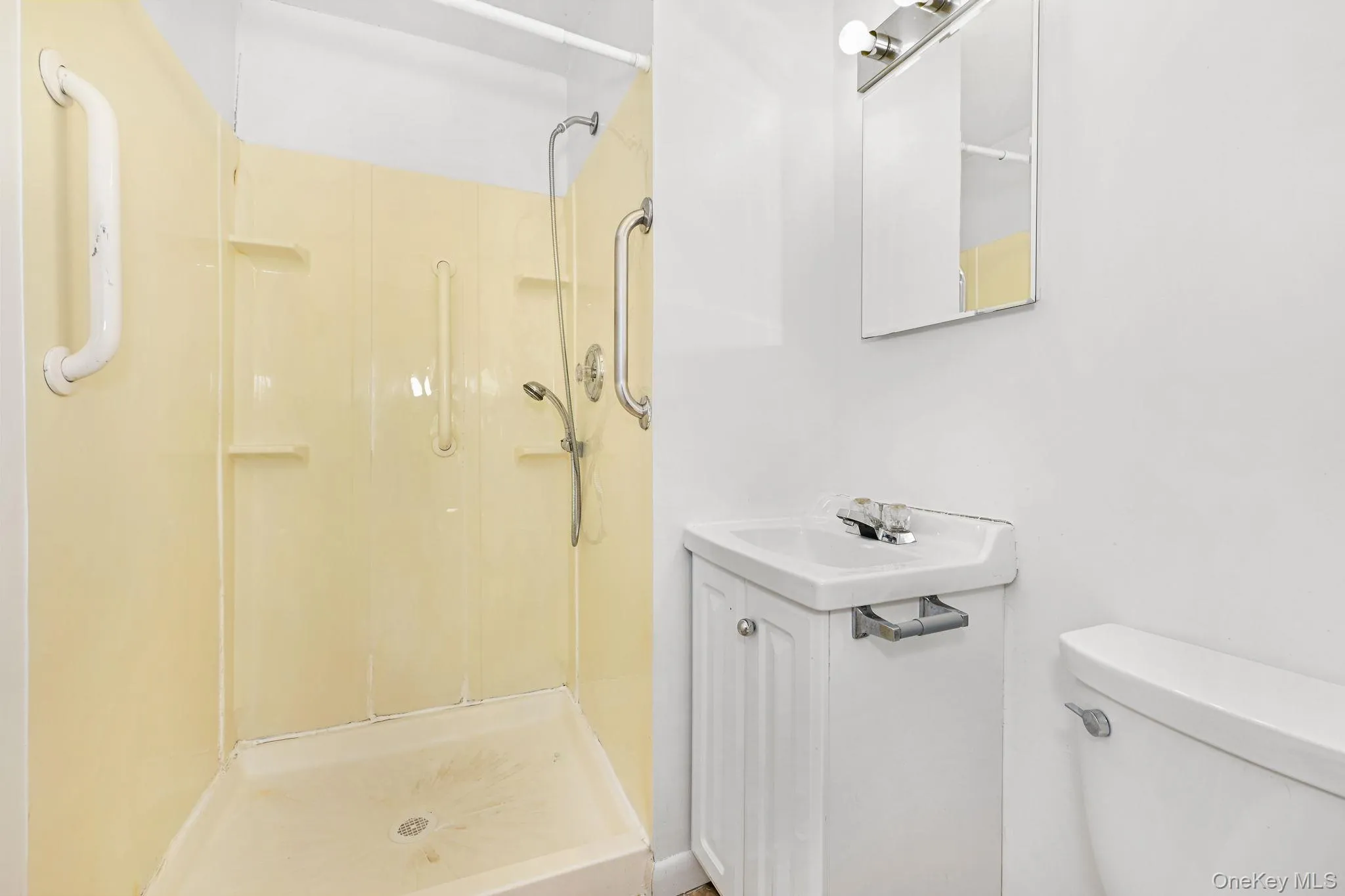 The bathroom features a corner shower with a handheld showerhead and grab bars, a vanity with a sink and mirror, and a toilet The bathroom features a corner shower with a handheld showerhead and grab bars, a vanity with a sink and mirror, and a toilet