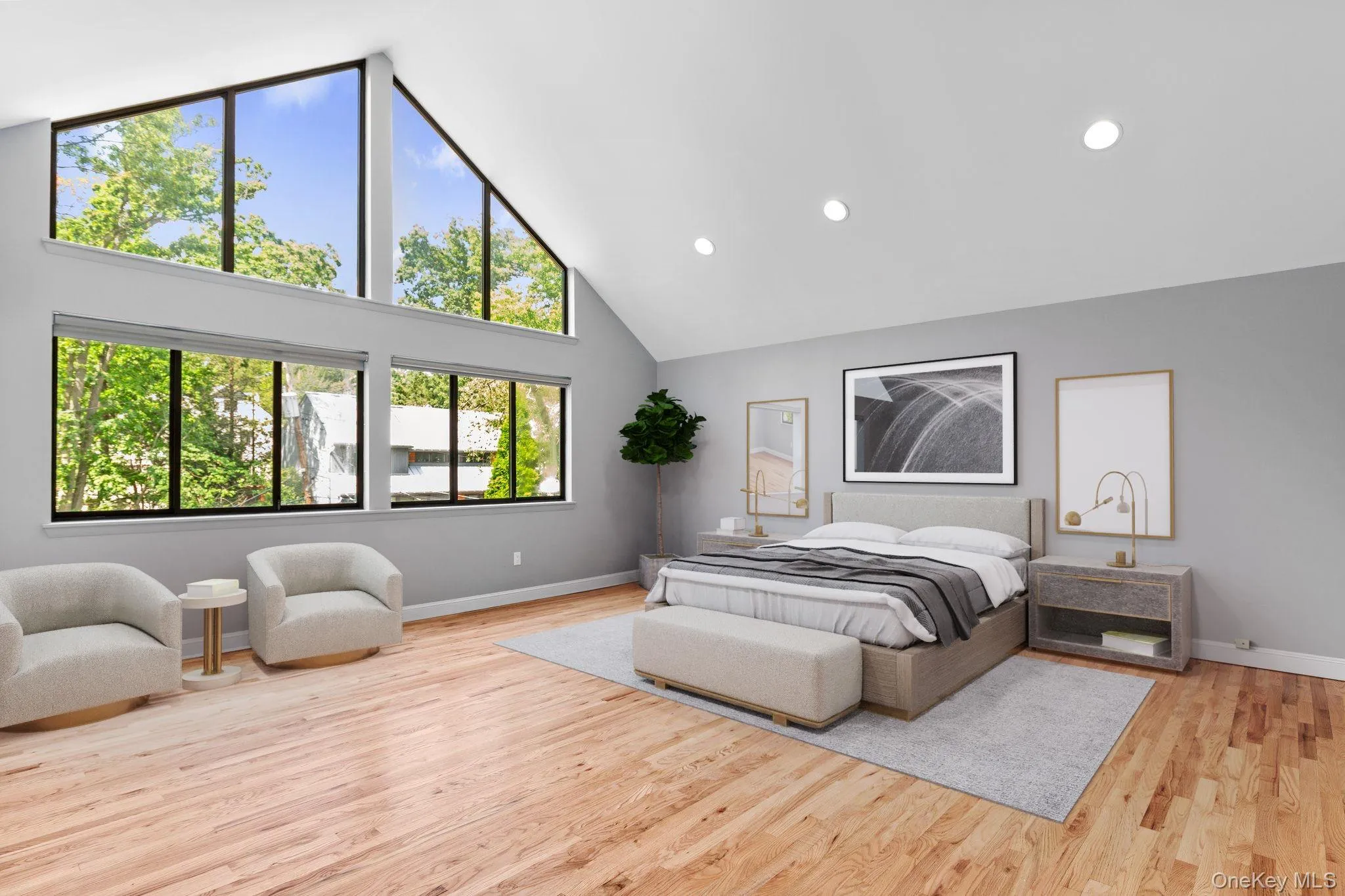 Bedroom featuring baseboards, light wood-type flooring, high vaulted ceiling, and recessed lighting (virtually staged) Bedroom featuring baseboards, light wood-type flooring, high vaulted ceiling, and recessed lighting (virtually staged)
