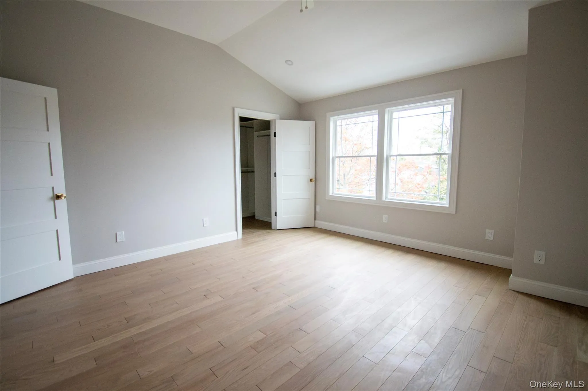 Unfurnished bedroom featuring a walk in closet, vaulted ceiling, and light wood-style flooring Unfurnished bedroom featuring a walk in closet, vaulted ceiling, and light wood-style flooring