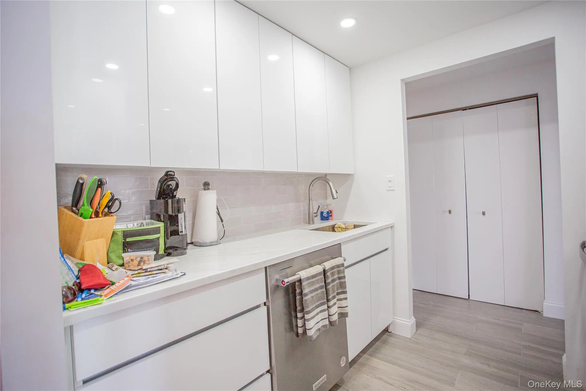 Bar featuring stainless steel dishwasher, backsplash, light wood-style floors, and recessed lighting Bar featuring stainless steel dishwasher, backsplash, light wood-style floors, and recessed lighting