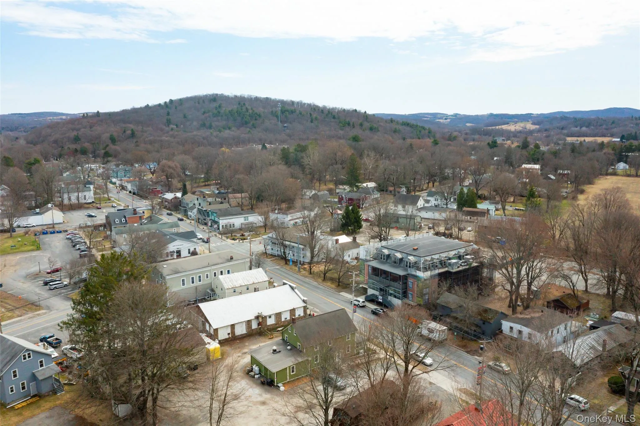 Birds eye view of town's main intersection. Birds eye view of town's main intersection.