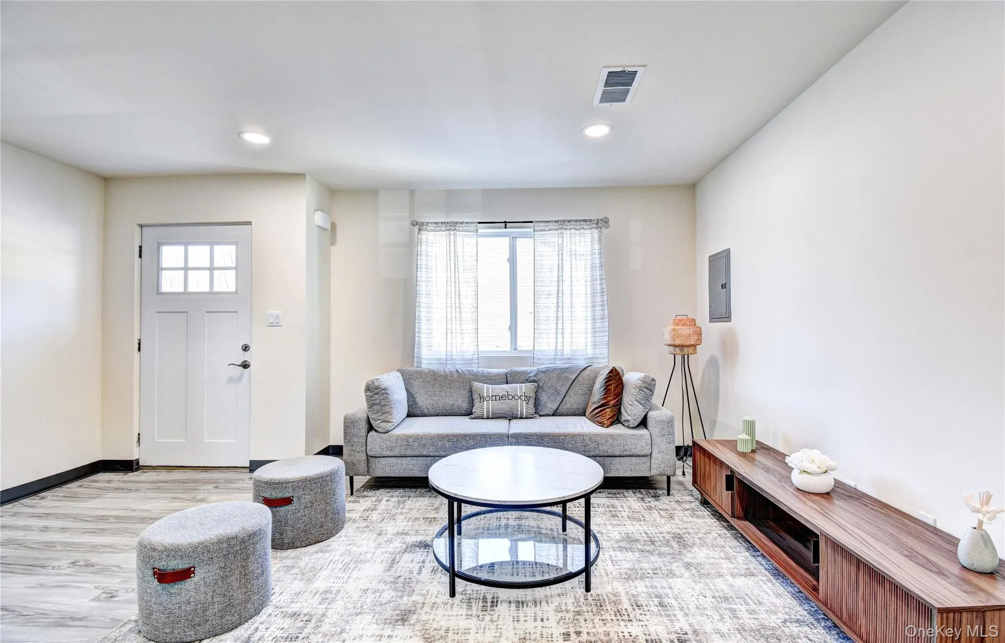Living room featuring plenty of natural light, electric panel, and light hardwood / wood-style floors Living room featuring plenty of natural light, electric panel, and light hardwood / wood-style floors
