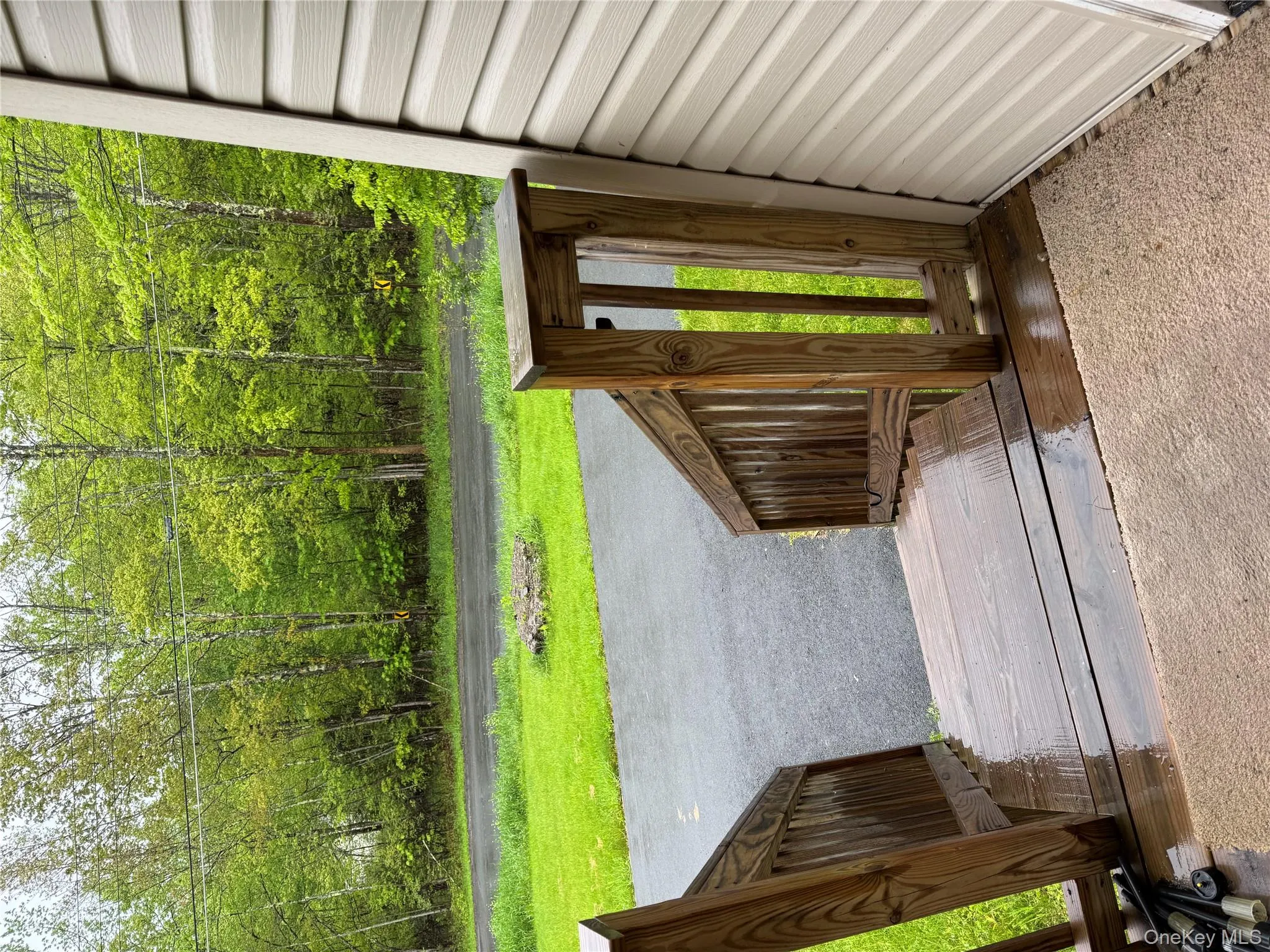 Wooden terrace with a lawn and a wooded view Wooden terrace with a lawn and a wooded view