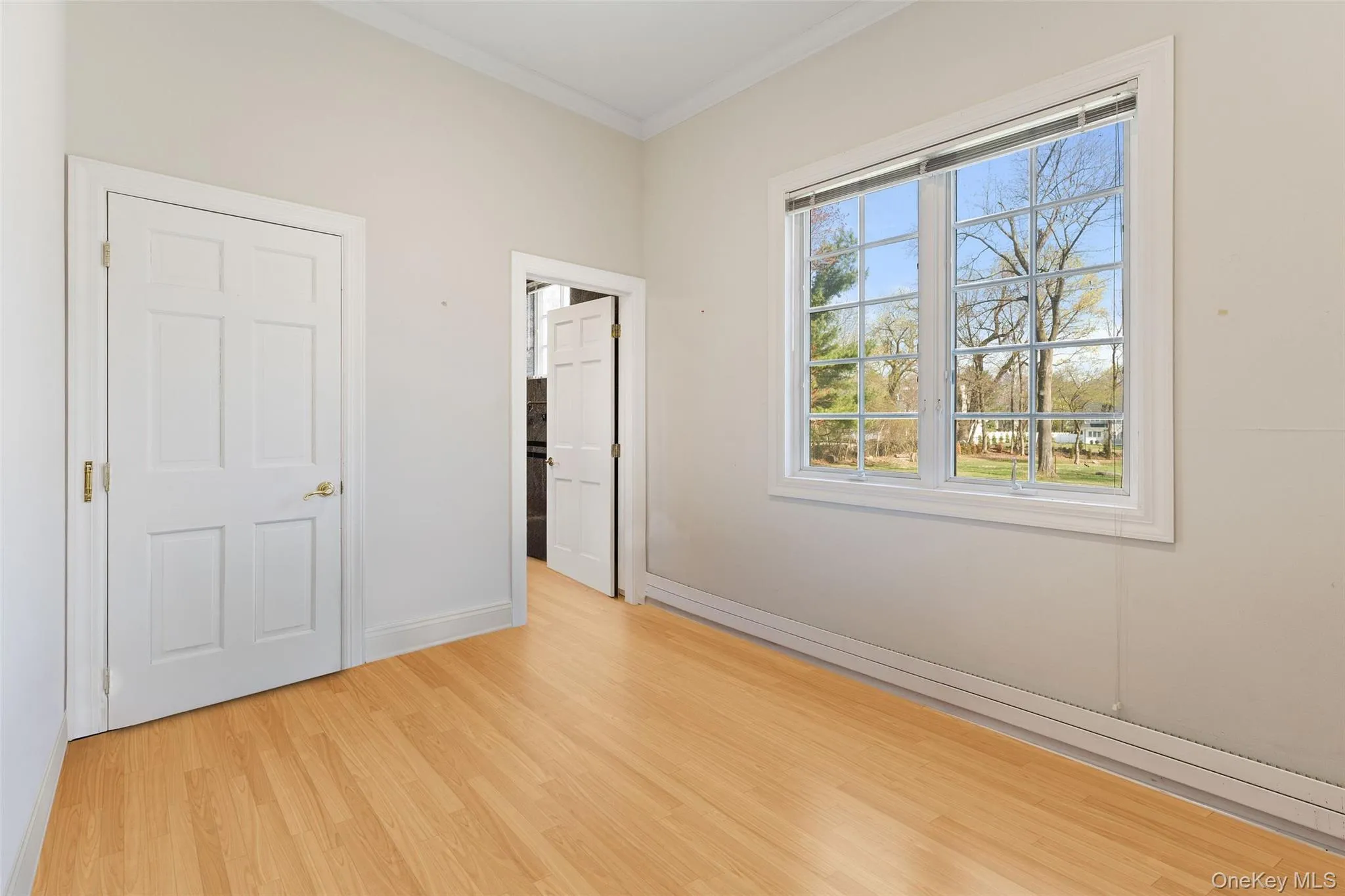 1st floor bedroom featuring crown molding and light wood finished floors 1st floor bedroom featuring crown molding and light wood finished floors