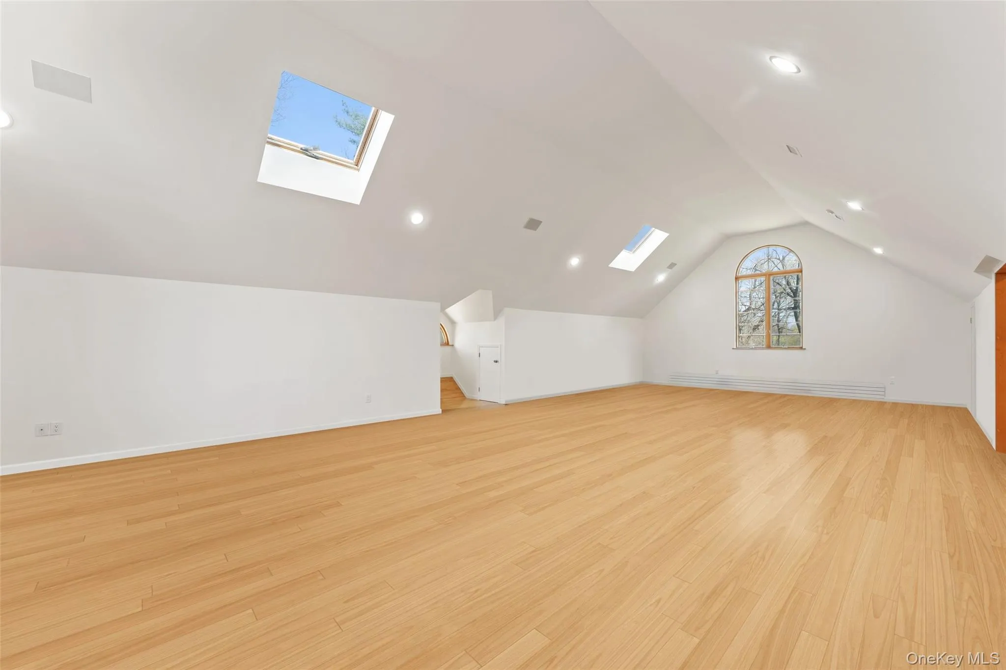 2nd floor recreation room with a skylight, light wood-type flooring, and recessed lighting 2nd floor recreation room with a skylight, light wood-type flooring, and recessed lighting