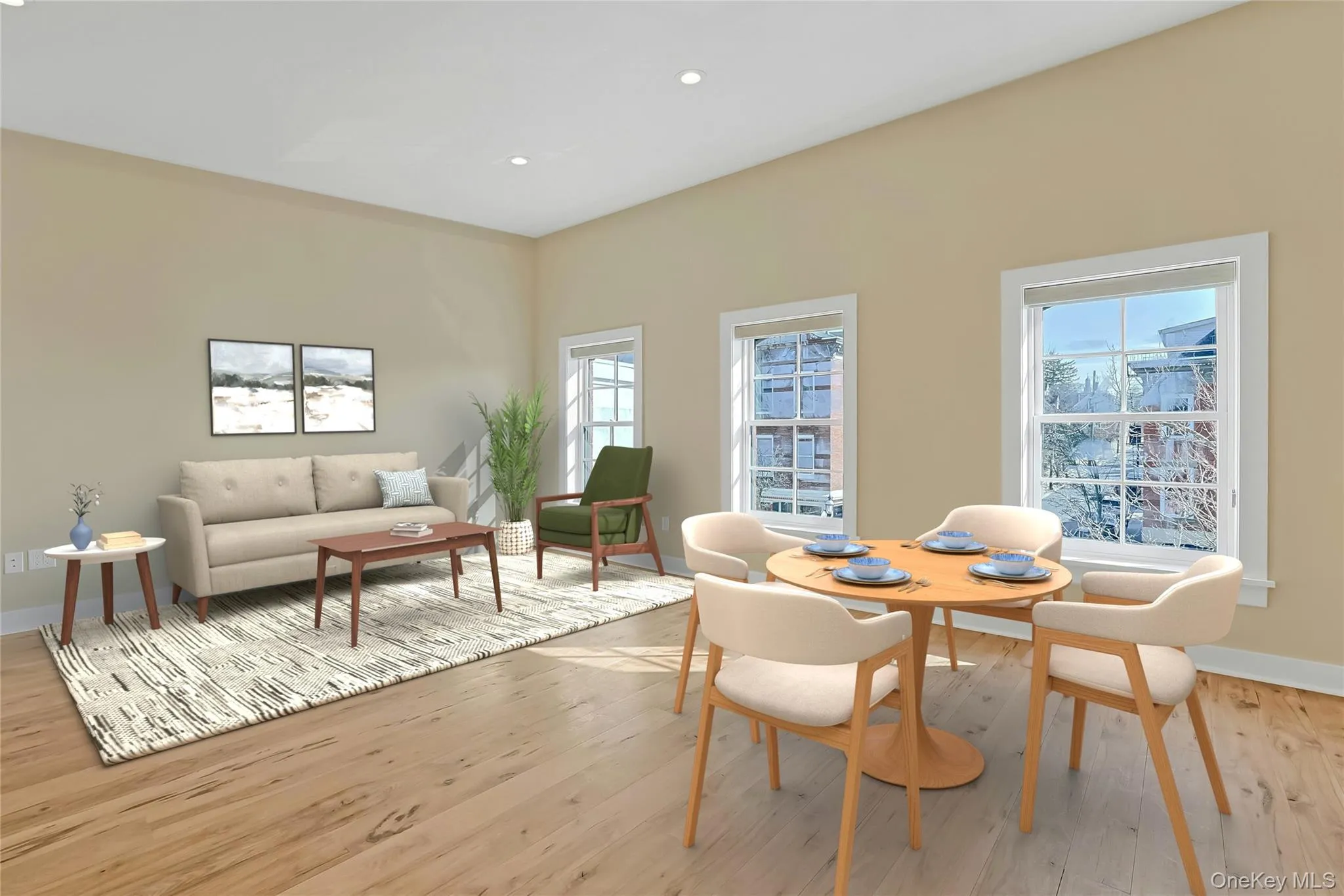 Virtually staged dining and living areas with floor to ceiling windows Virtually staged dining and living areas with floor to ceiling windows