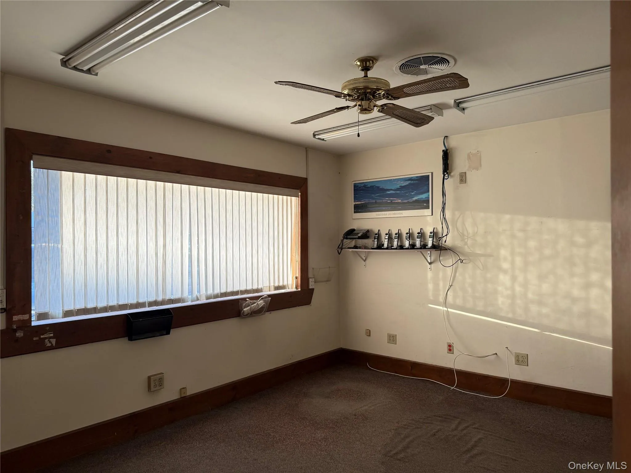 Unfurnished room with dark carpet and a ceiling fan Unfurnished room with dark carpet and a ceiling fan