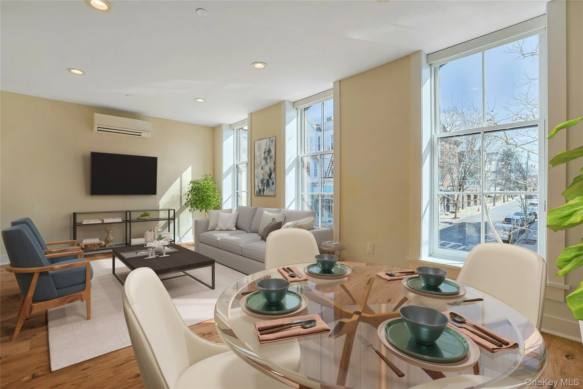 Virtually staged dining and living areas with floor to ceiling windows Virtually staged dining and living areas with floor to ceiling windows