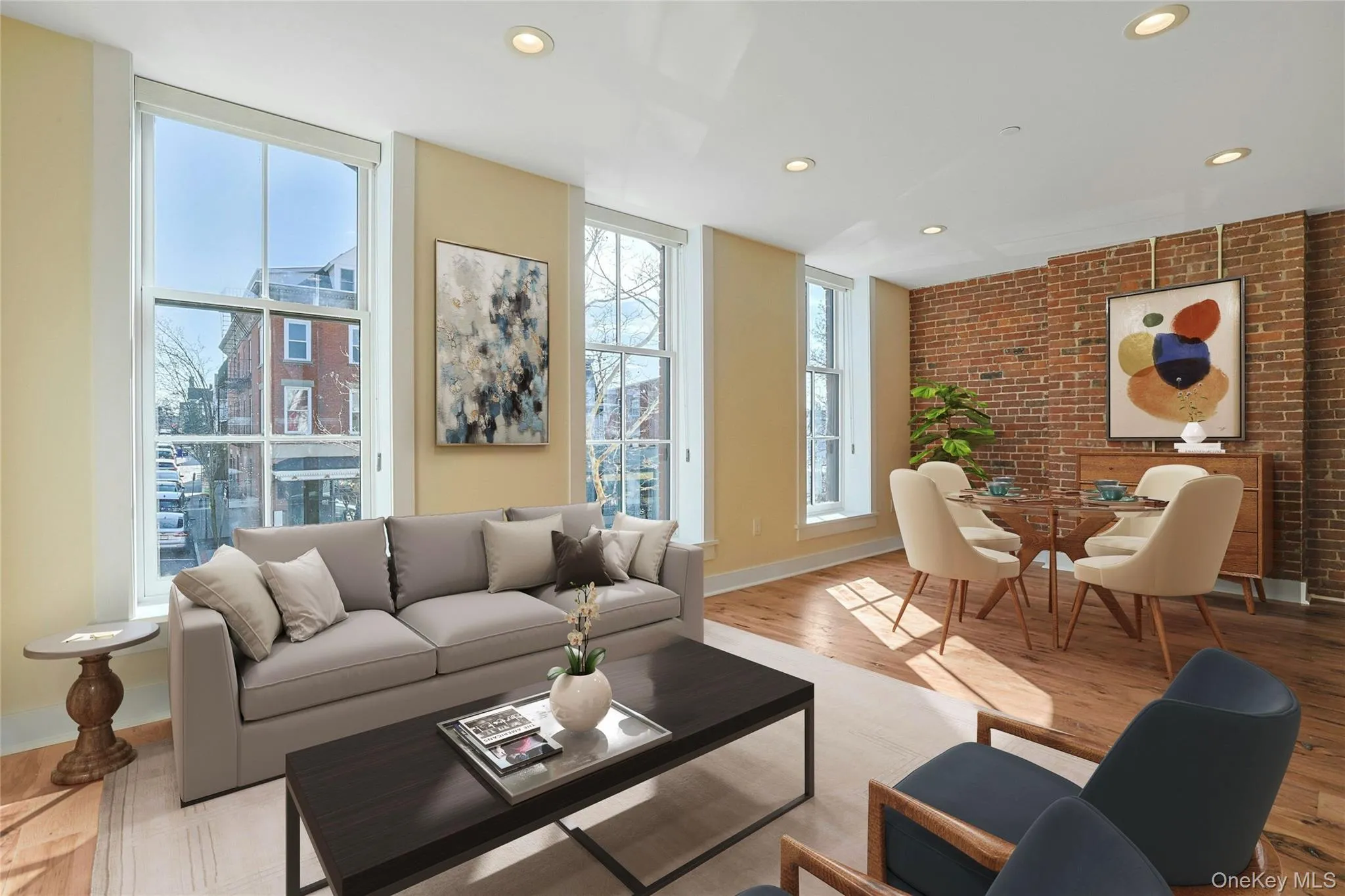 Virtually staged living and dining areas with floor to ceiling windows. Virtually staged living and dining areas with floor to ceiling windows.