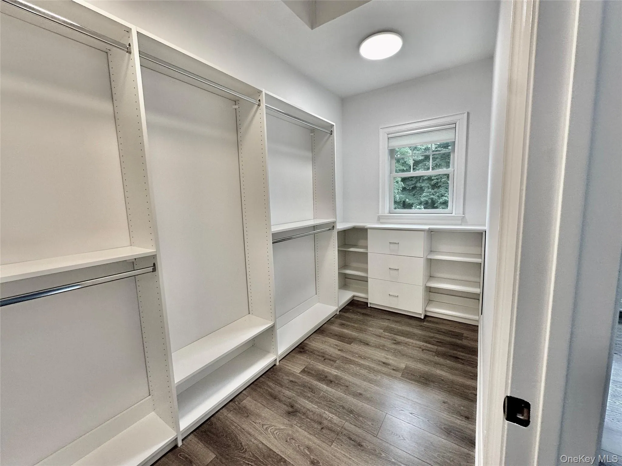 Spacious closet with dark wood-type flooring Spacious closet with dark wood-type flooring