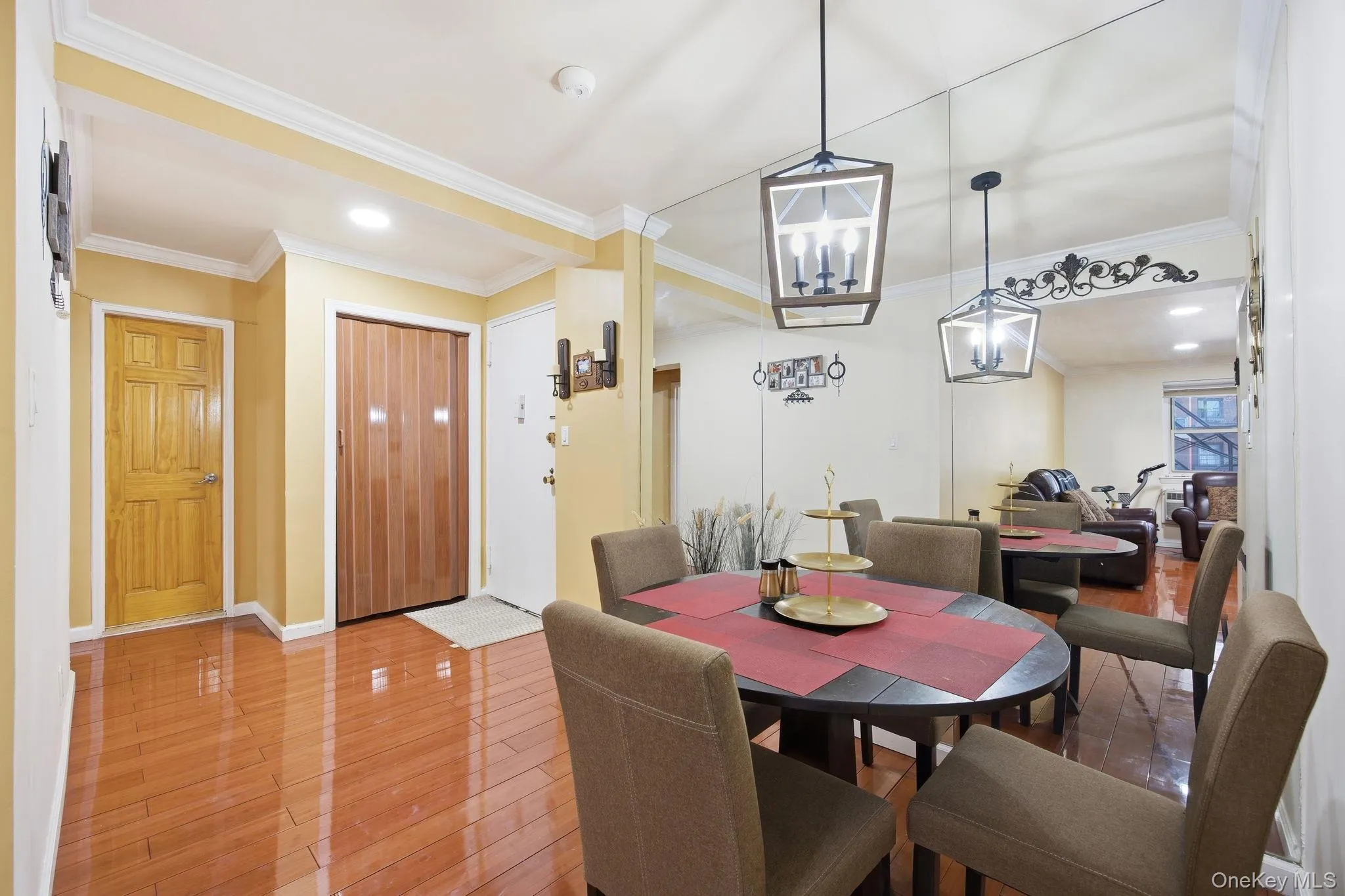 Dining space with hanging lights for dining. Dining space with hanging lights for dining.