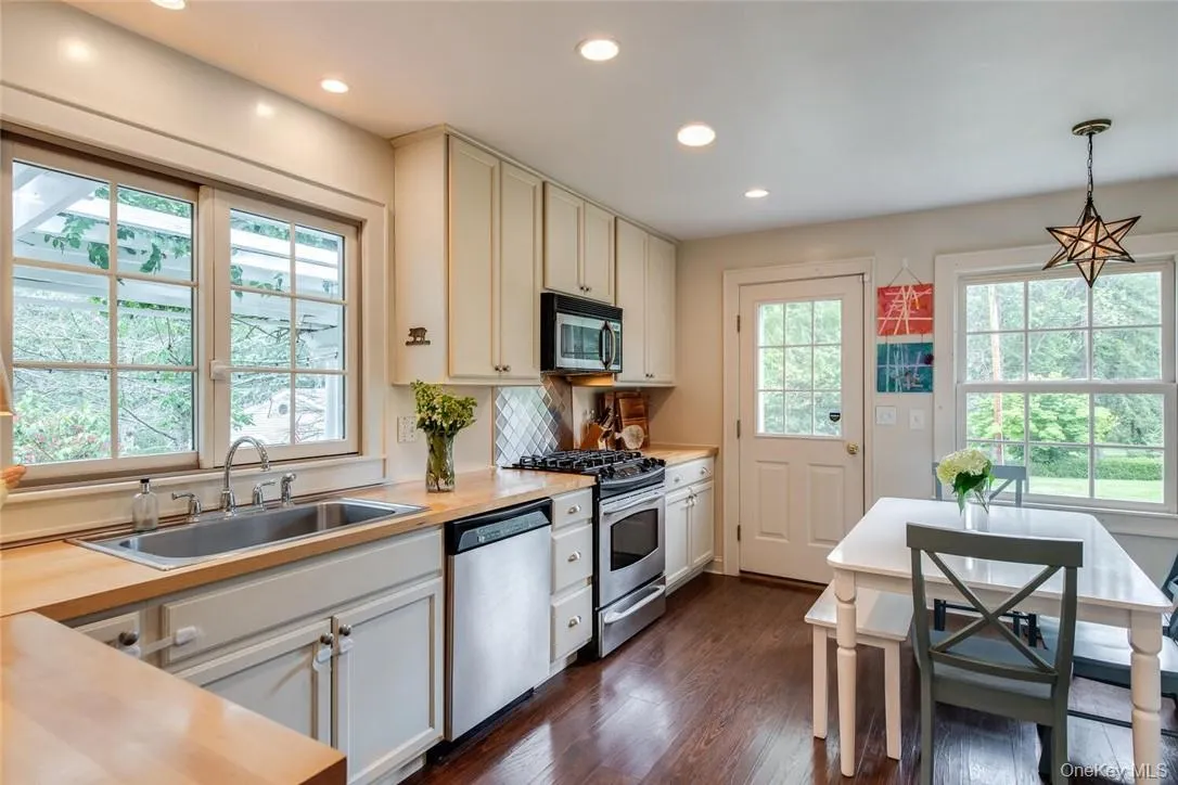 Kitchen with appliances with stainless steel finishes, a wealth of natural light, pendant lighting, and dark wood-type flooring Kitchen with appliances with stainless steel finishes, a wealth of natural light, pendant lighting, and dark wood-type flooring