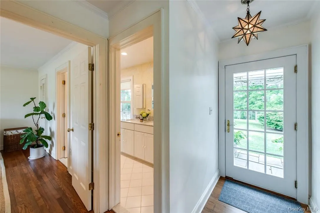 Doorway featuring plenty of natural light, crown molding, and wood-type flooring Doorway featuring plenty of natural light, crown molding, and wood-type flooring