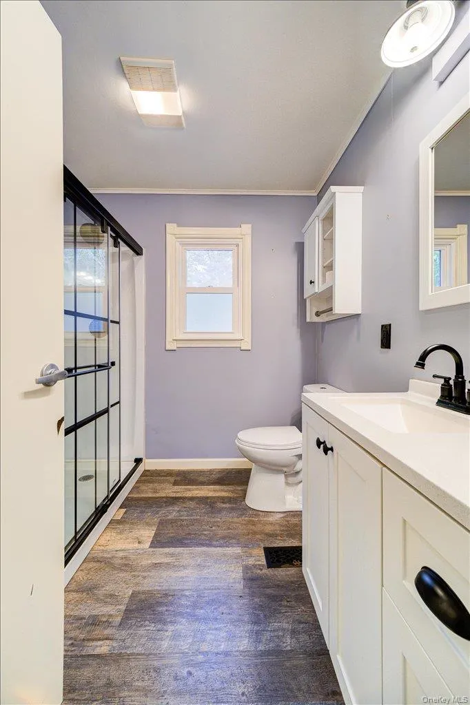Bathroom with ornamental molding, toilet, vanity, and hardwood / wood-style floors Bathroom with ornamental molding, toilet, vanity, and hardwood / wood-style floors