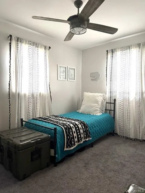 Carpeted bedroom with ceiling fan Carpeted bedroom with ceiling fan