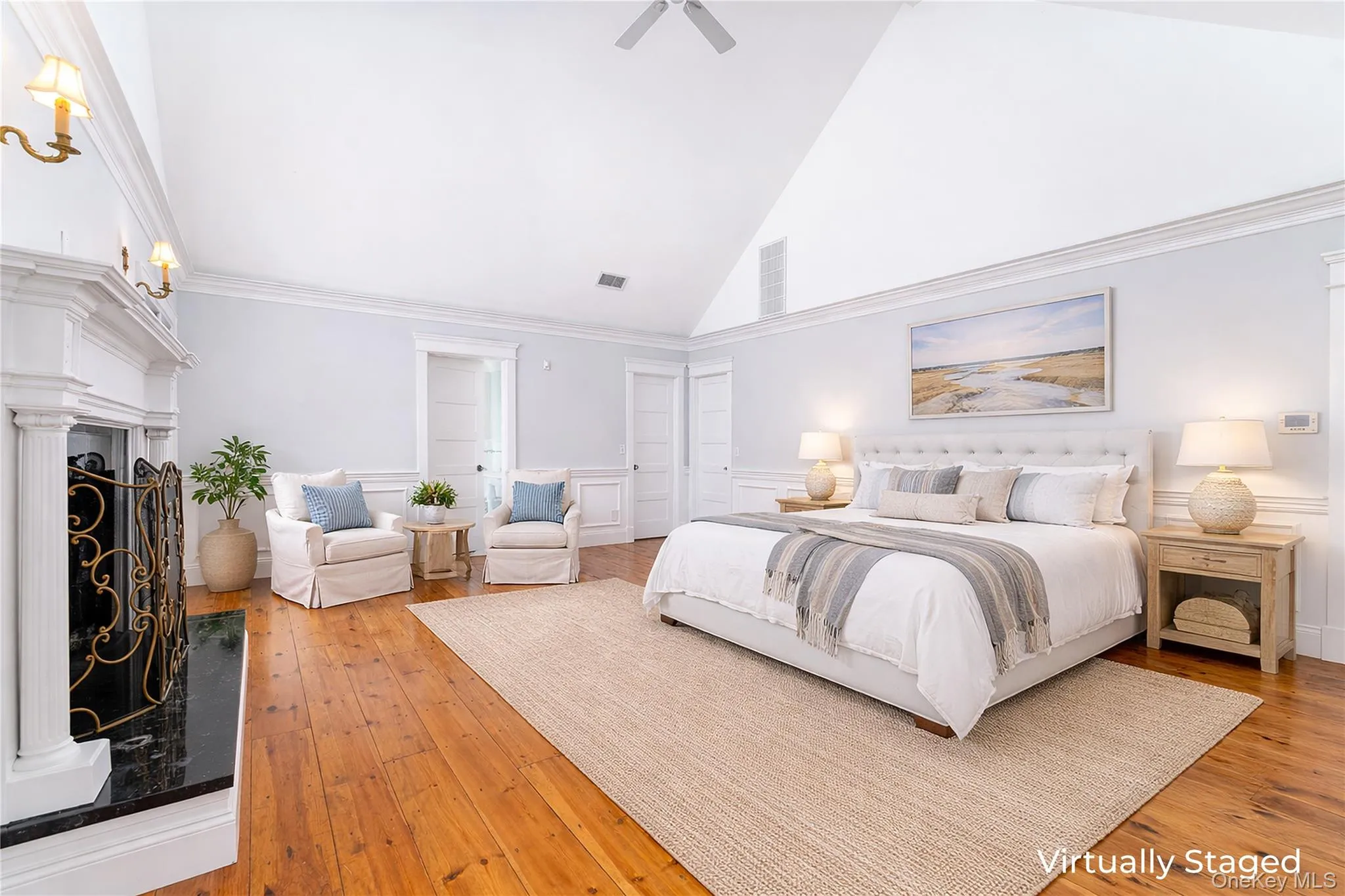 Luxurious Primary Bedroom Suite With Vaulted Ceiling, Fireplace & Windows Overlooking Yard & Pond, His & Hers Walk-In Closets & Marble En-Suite Bathroom Luxurious Primary Bedroom Suite With Vaulted Ceiling, Fireplace & Windows Overlooking Yard & Pond, His & Hers Walk-In Closets & Marble En-Suite Bathroom