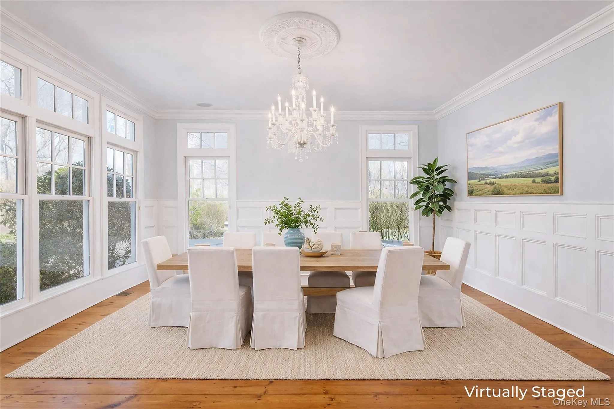 Formal Dining Room With Walls Of Windows & Custom Millwork Throughout. Formal Dining Room With Walls Of Windows & Custom Millwork Throughout.
