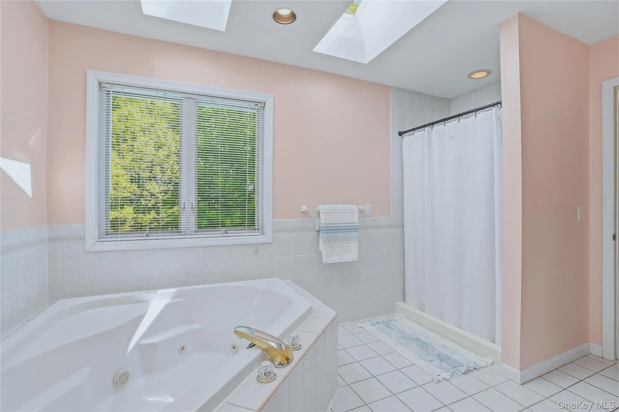 Jacuzzi soaking tub and tiled shower. Jacuzzi soaking tub and tiled shower.