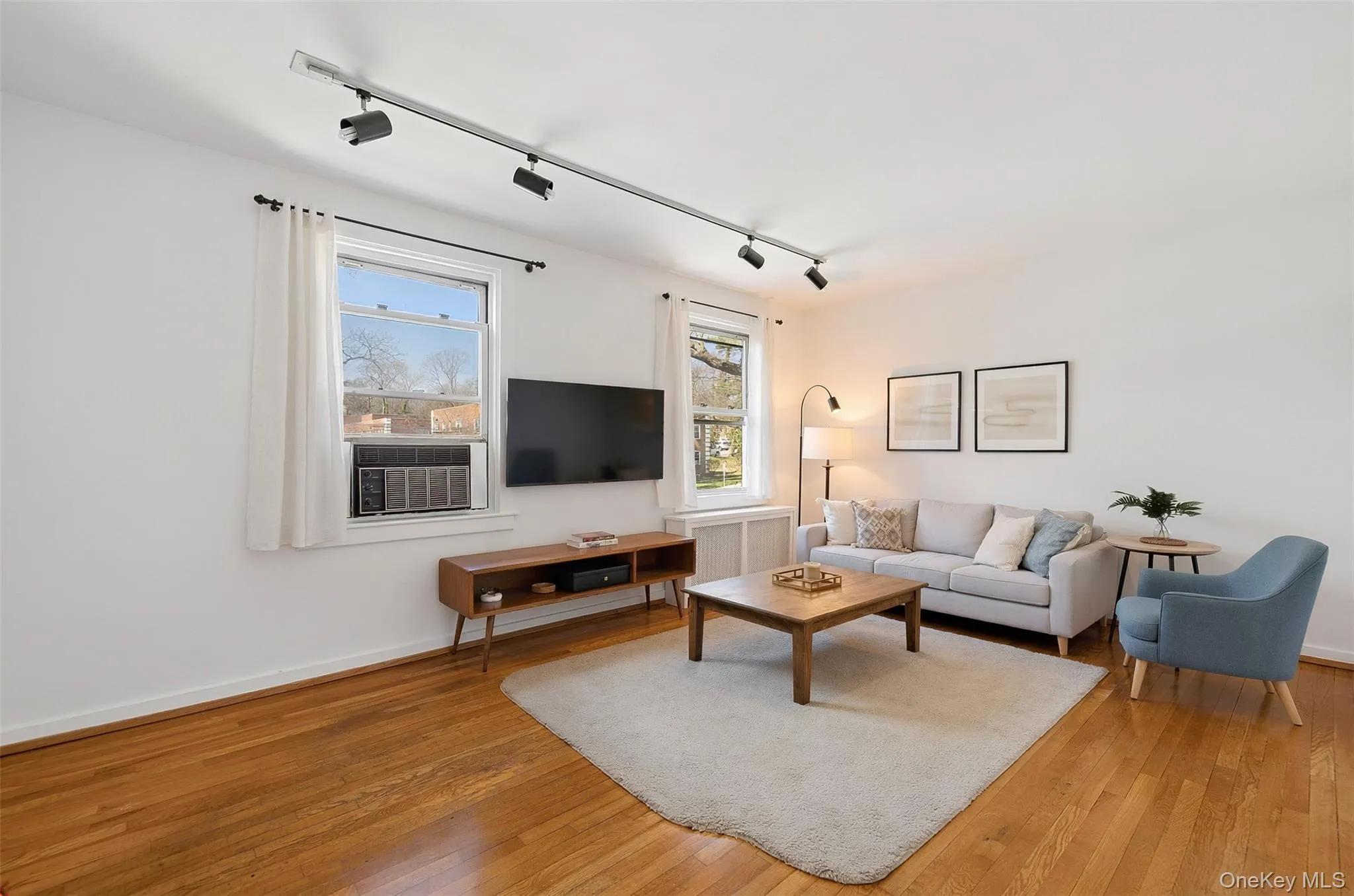 Bright living area featuring wood-finish flooring, white walls, and track lighting Bright living area featuring wood-finish flooring, white walls, and track lighting