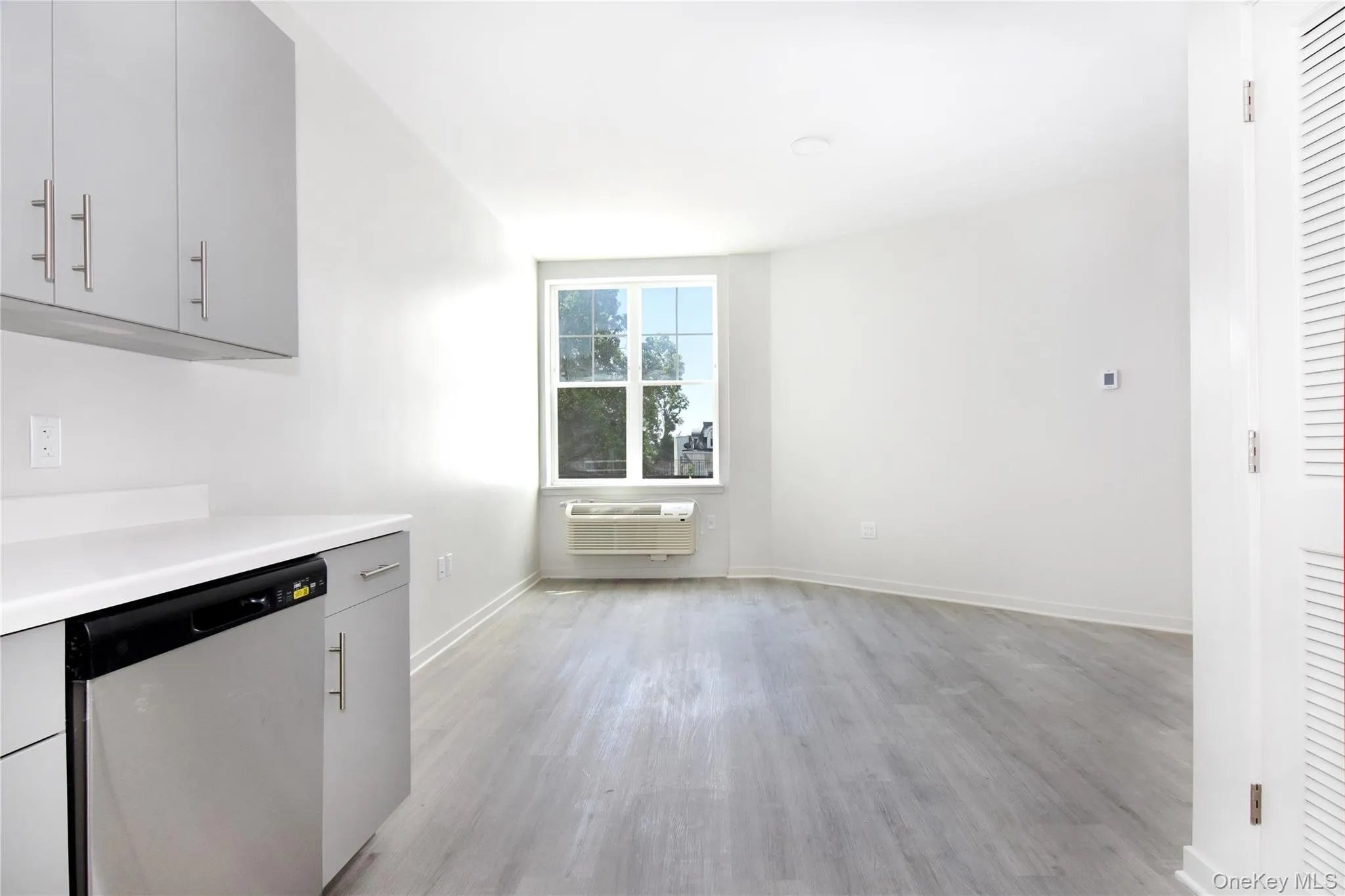Kitchen with light countertops, stainless steel dishwasher, gray cabinetry, light wood-type flooring, and a wall unit AC Kitchen with light countertops, stainless steel dishwasher, gray cabinetry, light wood-type flooring, and a wall unit AC