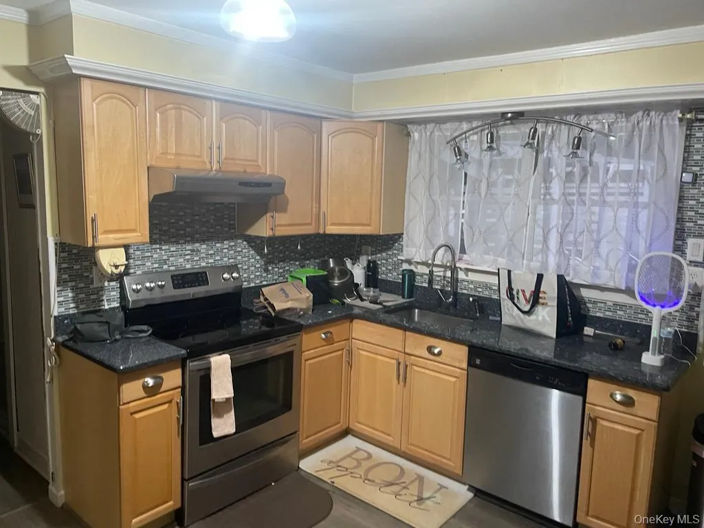 Kitchen featuring ornamental molding, under cabinet range hood, a sink, tasteful backsplash, and appliances with stainless steel finishes Kitchen featuring ornamental molding, under cabinet range hood, a sink, tasteful backsplash, and appliances with stainless steel finishes