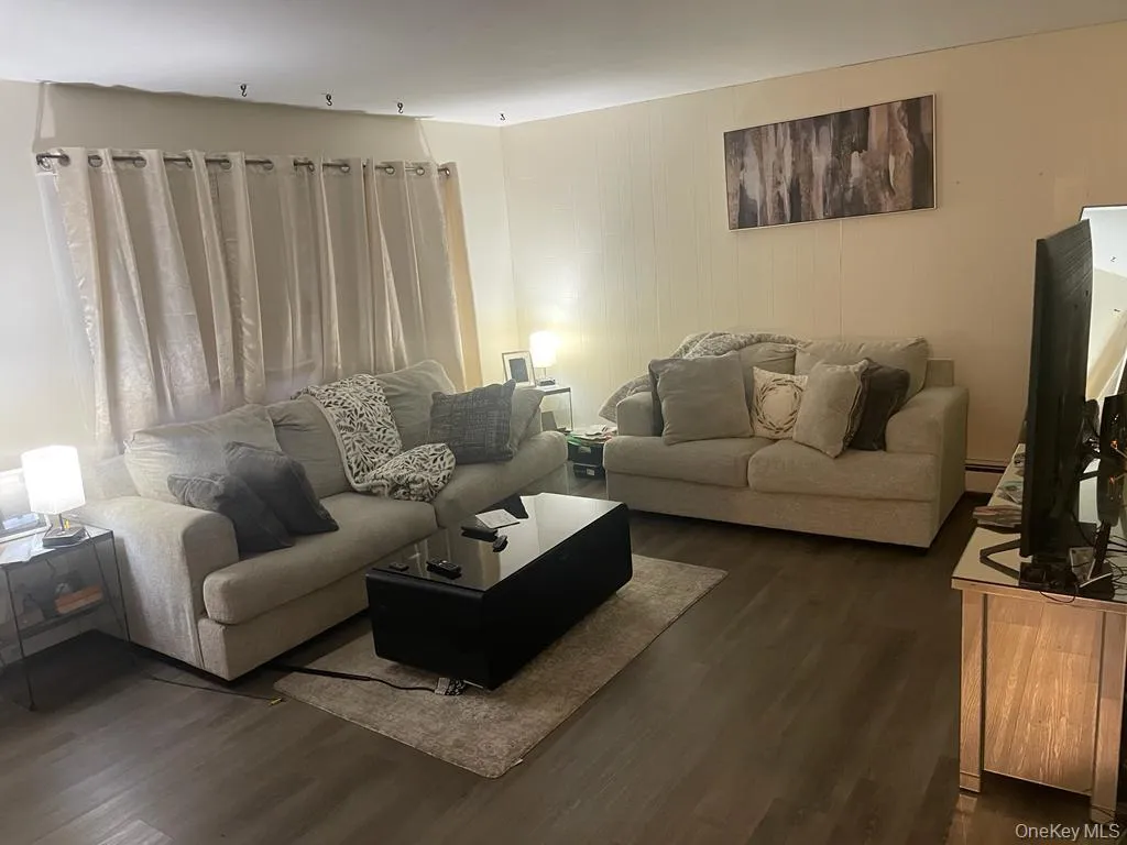 Living room featuring a baseboard radiator and dark wood-type flooring Living room featuring a baseboard radiator and dark wood-type flooring