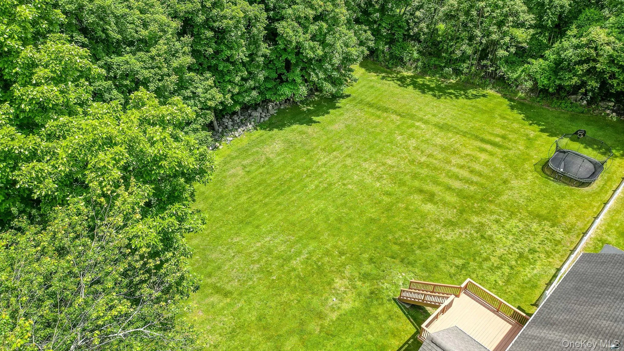 Property line goes past tree line in large back yard. Property line goes past tree line in large back yard.