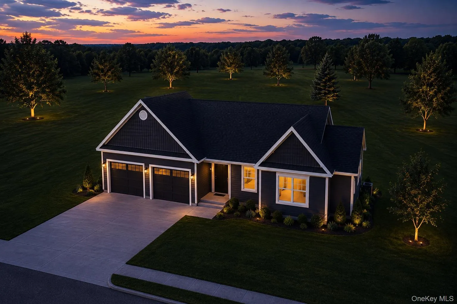 Modern ranch-style residence featuring dark siding with white trim, a dark shingle roof, and a concrete driveway Modern ranch-style residence featuring dark siding with white trim, a dark shingle roof, and a concrete driveway