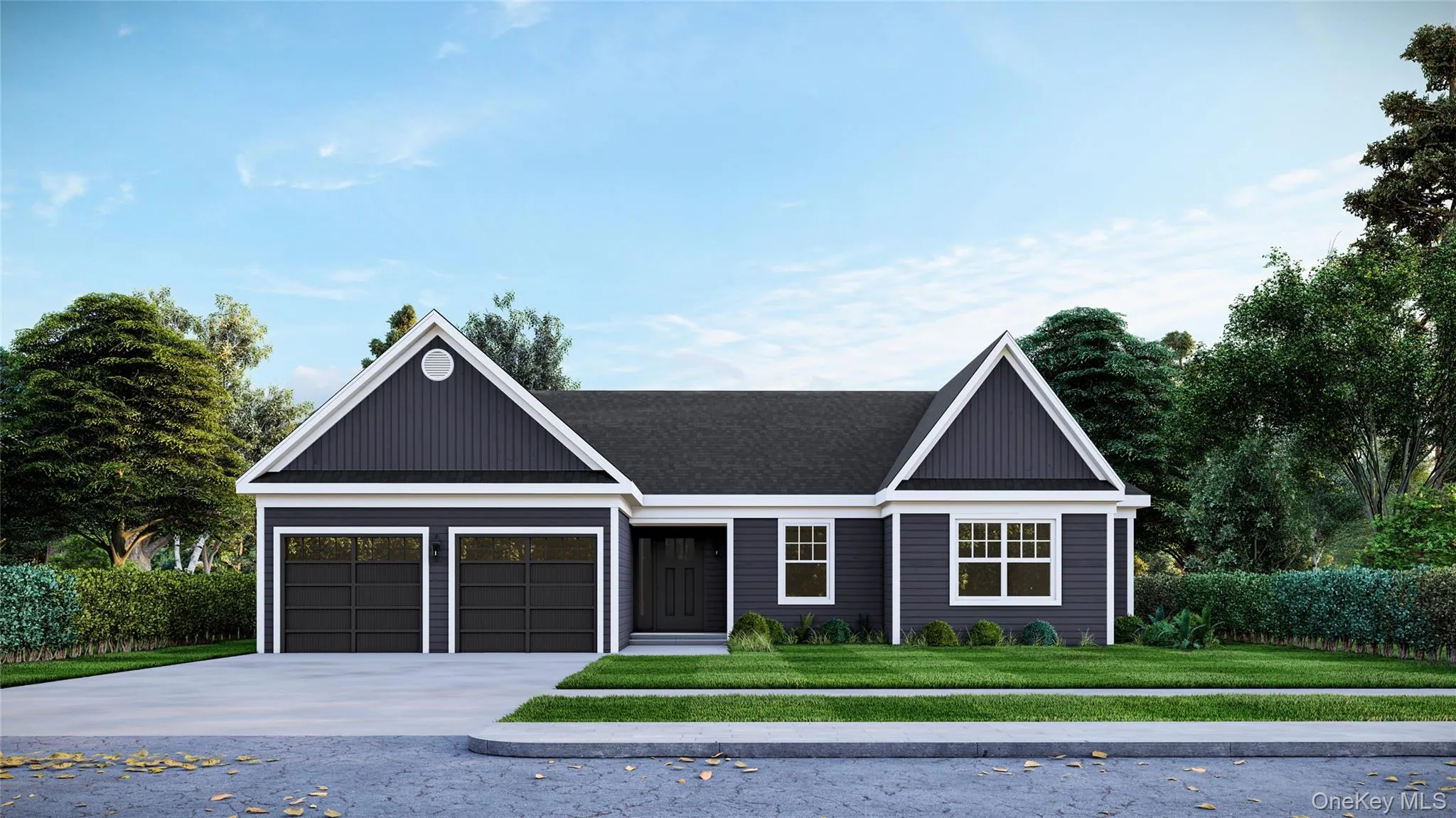 Contemporary-style exterior featuring dark siding, a two-car garage with black doors, white trim accents, and a landscaped front yard with green bushes and mature trees Contemporary-style exterior featuring dark siding, a two-car garage with black doors, white trim accents, and a landscaped front yard with green bushes and mature trees
