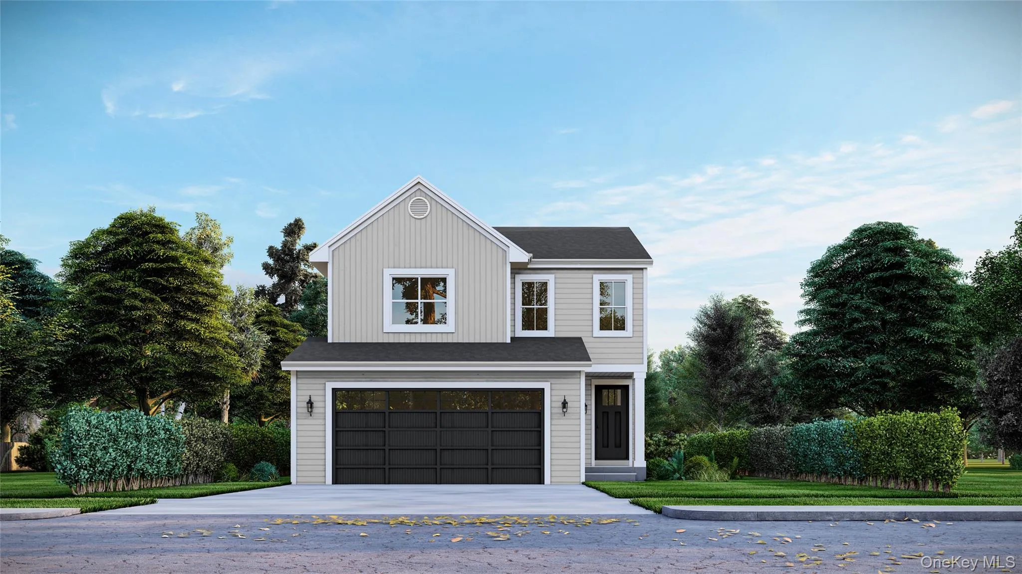 Two-story residence featuring light-toned siding, a dark asphalt shingle roof, and an integrated two-car garage with black doors Two-story residence featuring light-toned siding, a dark asphalt shingle roof, and an integrated two-car garage with black doors