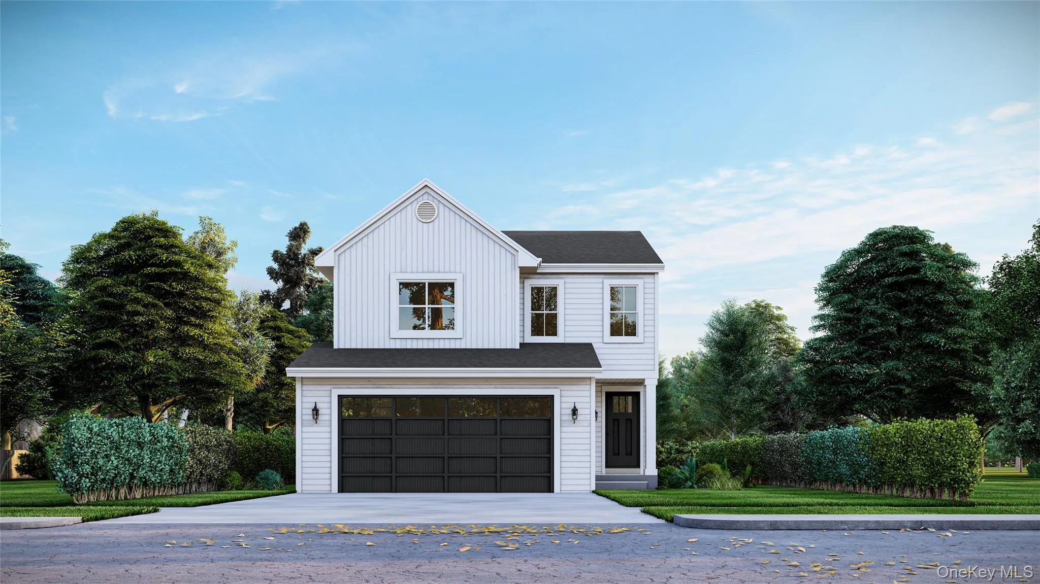 White two-story residence with a dark roof and a two-car garage White two-story residence with a dark roof and a two-car garage