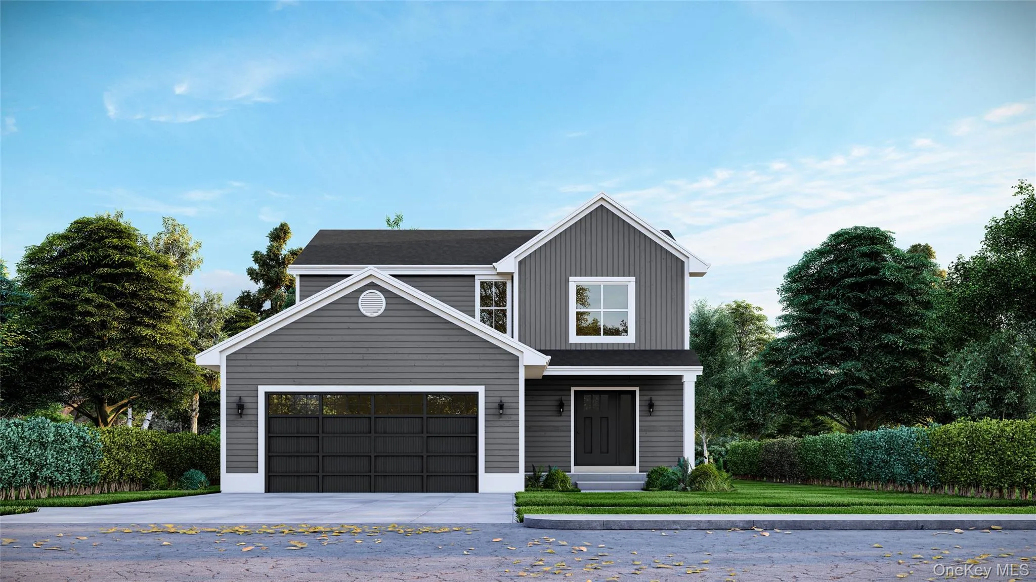 Contemporary two-story residence featuring grey horizontal siding and board-and-batten accents Contemporary two-story residence featuring grey horizontal siding and board-and-batten accents