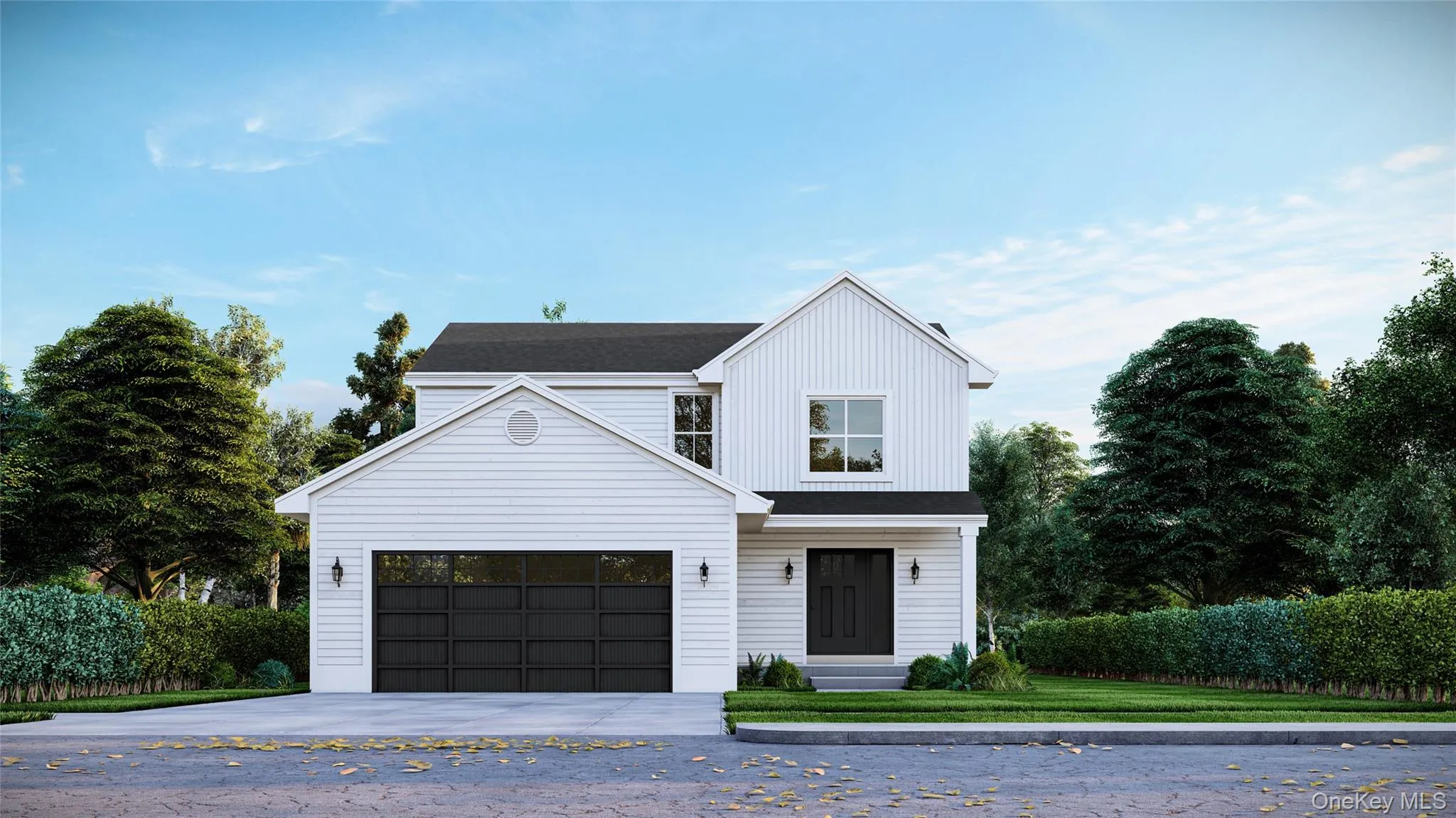 Modern farmhouse exterior with white vertical and horizontal siding, a black roof, and a two-car garage with black framed doors Modern farmhouse exterior with white vertical and horizontal siding, a black roof, and a two-car garage with black framed doors