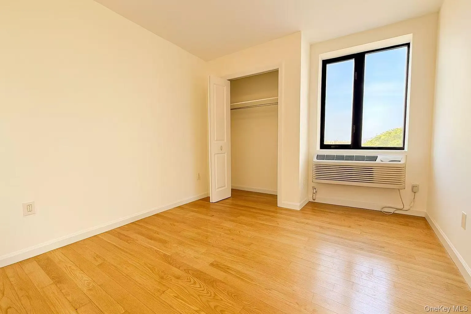 Unfurnished bedroom with light wood-style flooring, a closet, and a wall unit AC Unfurnished bedroom with light wood-style flooring, a closet, and a wall unit AC