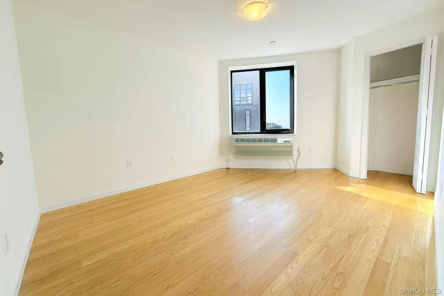 Unfurnished bedroom featuring light wood-style floors and a wall unit AC Unfurnished bedroom featuring light wood-style floors and a wall unit AC