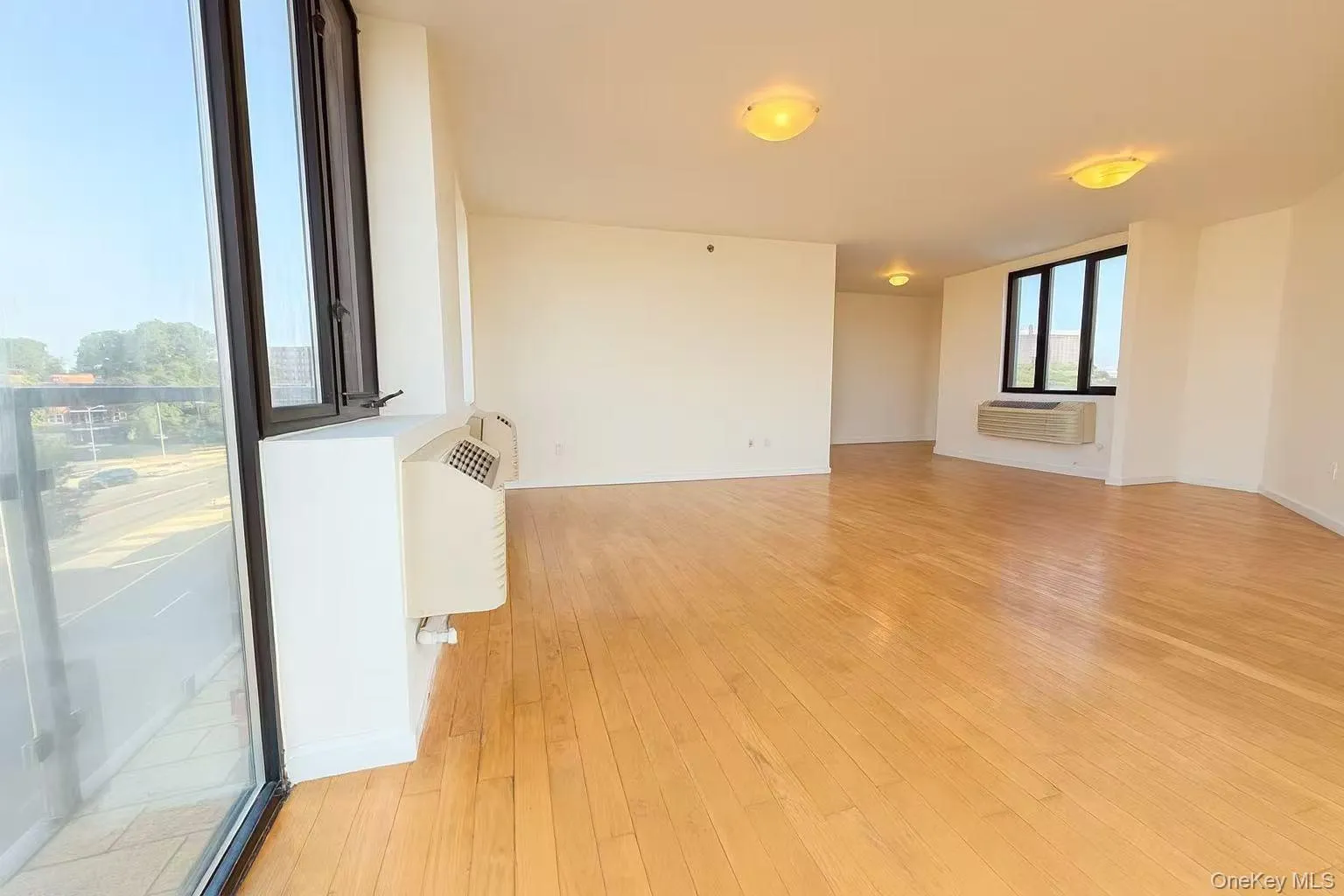 Empty room featuring light wood-style flooring and a wall unit AC Empty room featuring light wood-style flooring and a wall unit AC