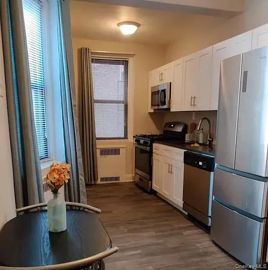 Kitchen with dark countertops, stainless steel appliances, white cabinets, dark wood-style flooring, and healthy amount of natural light Kitchen with dark countertops, stainless steel appliances, white cabinets, dark wood-style flooring, and healthy amount of natural light