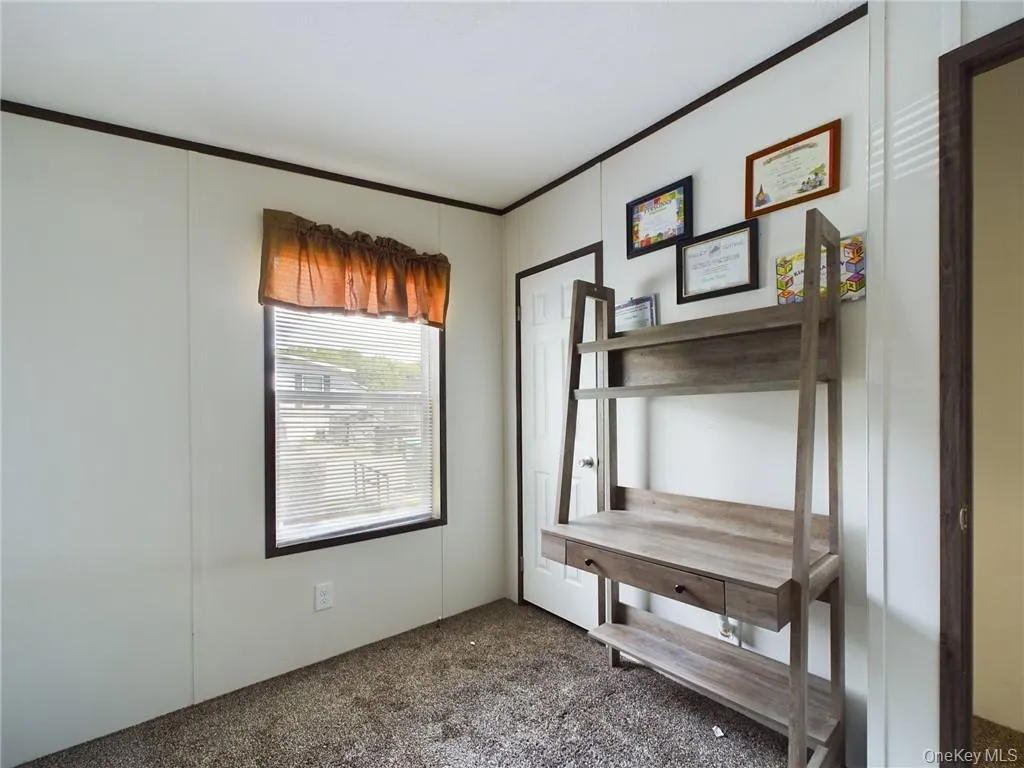 Empty room with ornamental molding and carpet flooring Empty room with ornamental molding and carpet flooring