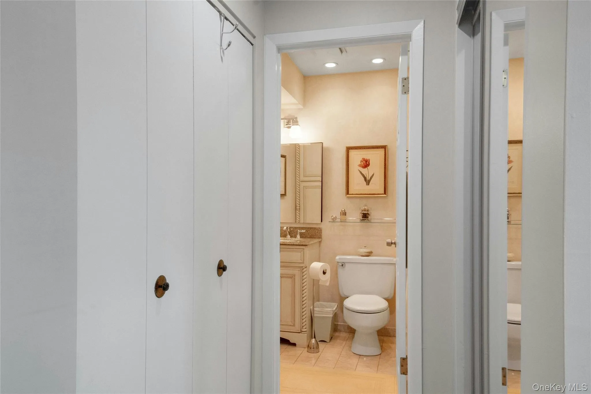 Bathroom featuring a pedestal sink with a mirror, wall-mounted shelving, and recessed lighting Bathroom featuring a pedestal sink with a mirror, wall-mounted shelving, and recessed lighting