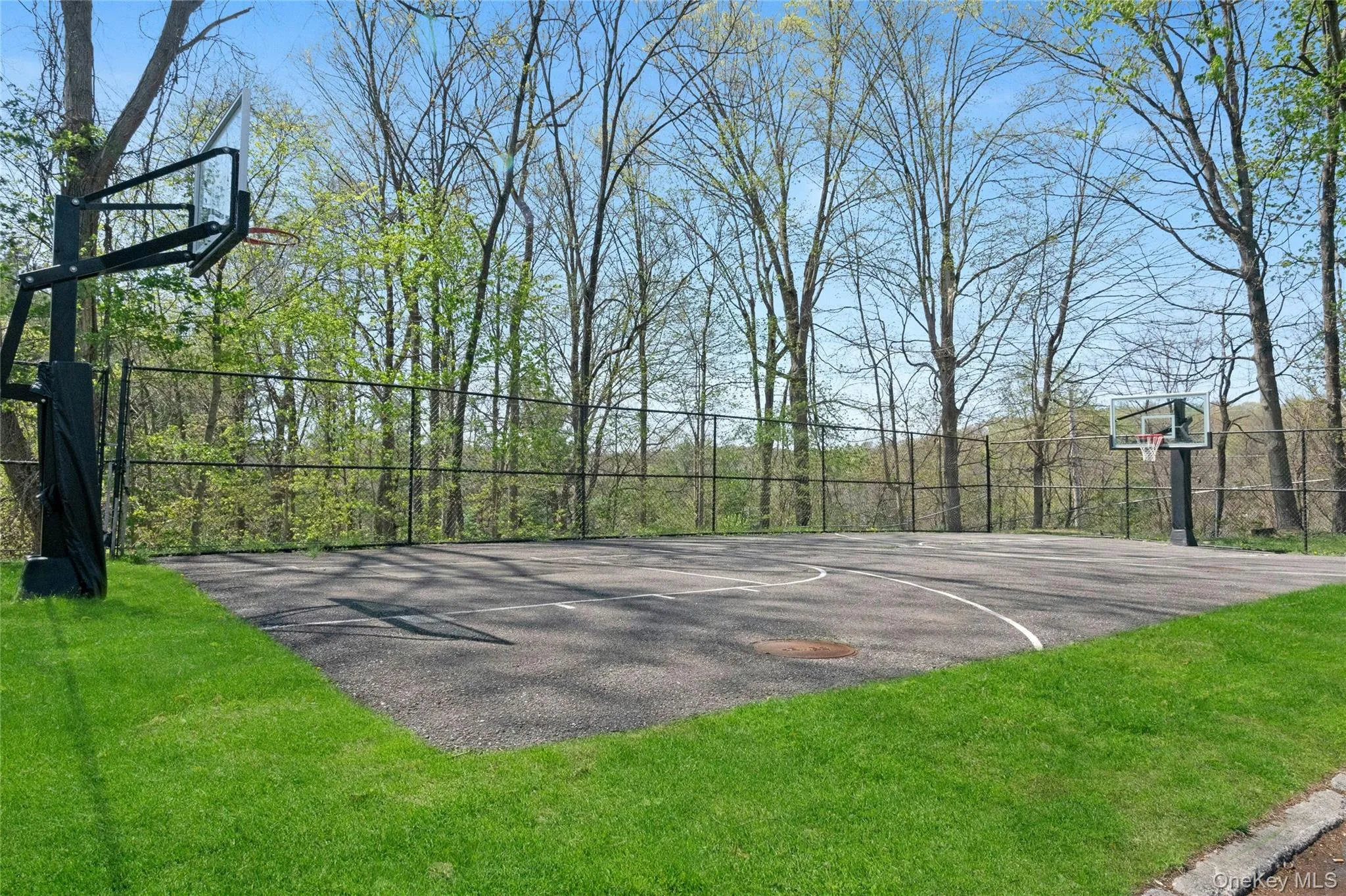 Paved sports court featuring two basketball hoops, perimeter fencing, and surrounding mature trees Paved sports court featuring two basketball hoops, perimeter fencing, and surrounding mature trees