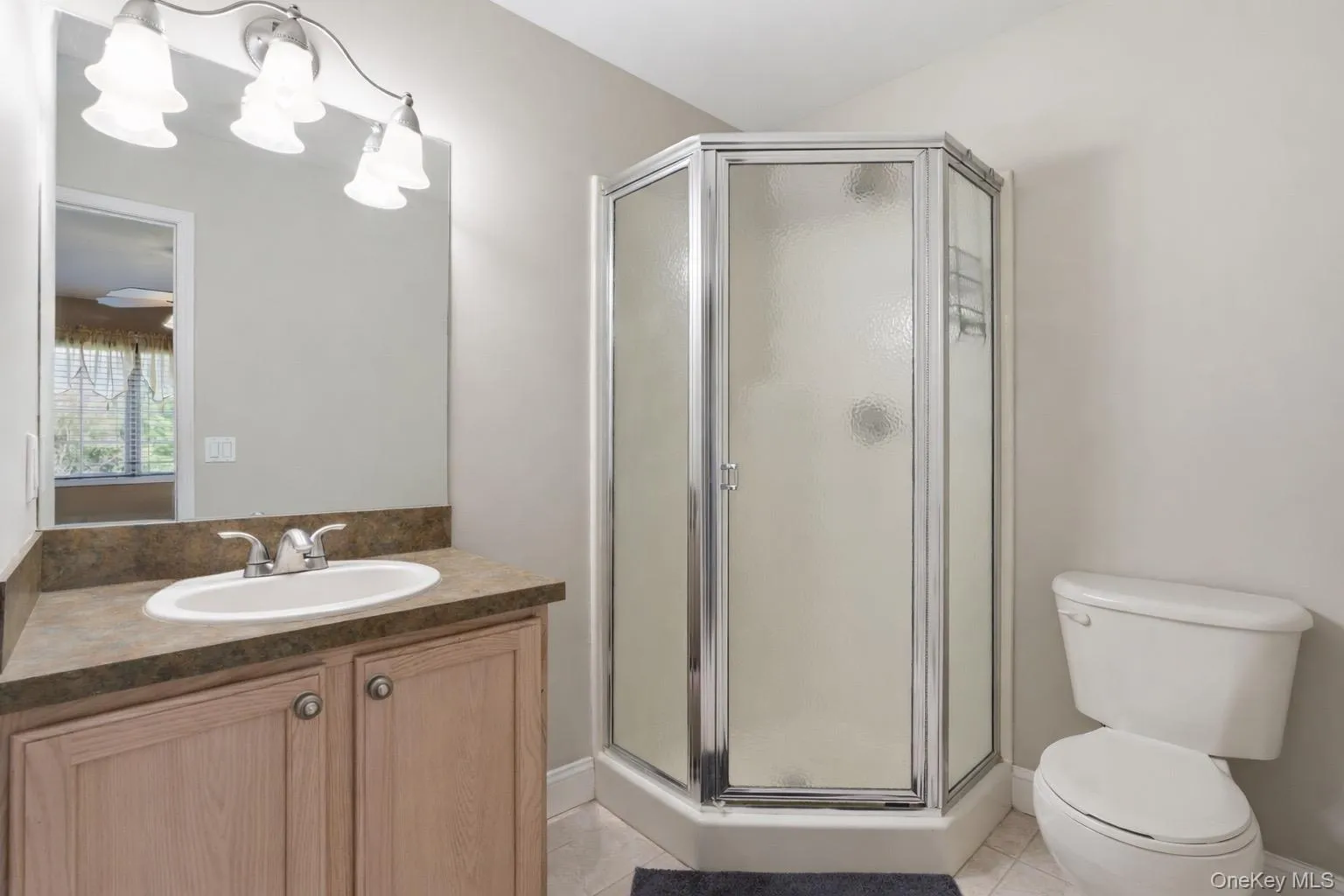 Bathroom featuring a corner shower with a glass enclosure, a vanity with a white oval sink and brown countertop, and a toilet Bathroom featuring a corner shower with a glass enclosure, a vanity with a white oval sink and brown countertop, and a toilet