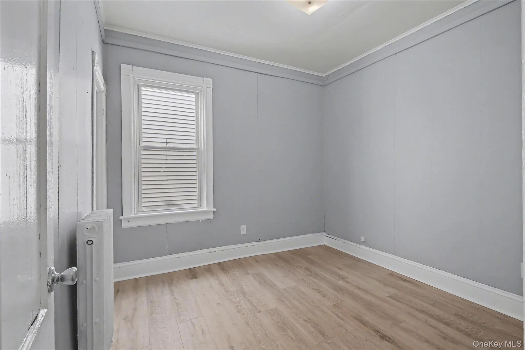 Spare room with radiator, light wood finished floors, and crown molding Spare room with radiator, light wood finished floors, and crown molding