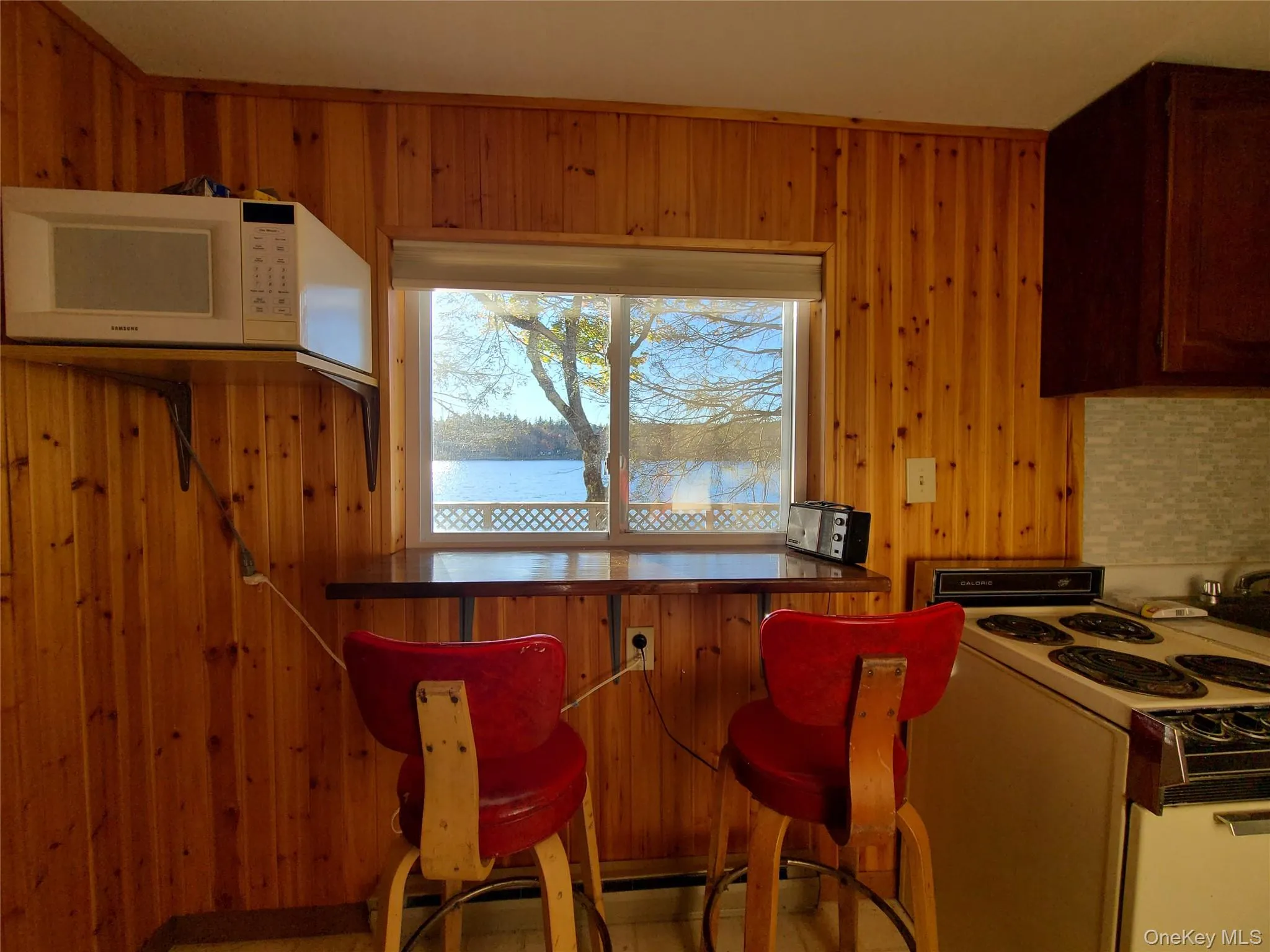Kitchen featuring white appliances, dark countertops, wooden walls, a water view, and backsplash Kitchen featuring white appliances, dark countertops, wooden walls, a water view, and backsplash