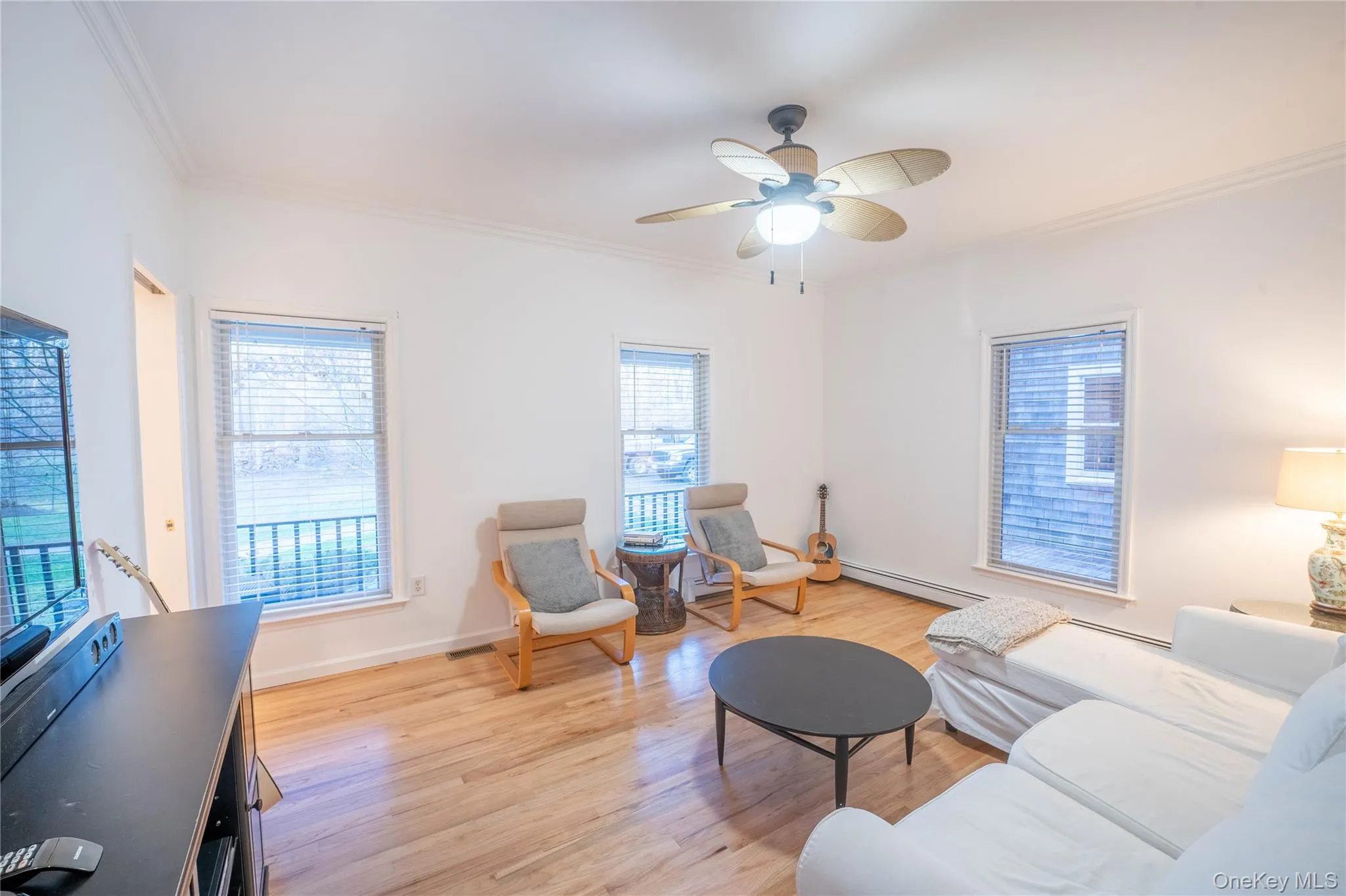 Living area featuring a baseboard heating unit, ornamental molding, wood finished floors, and baseboards Living area featuring a baseboard heating unit, ornamental molding, wood finished floors, and baseboards