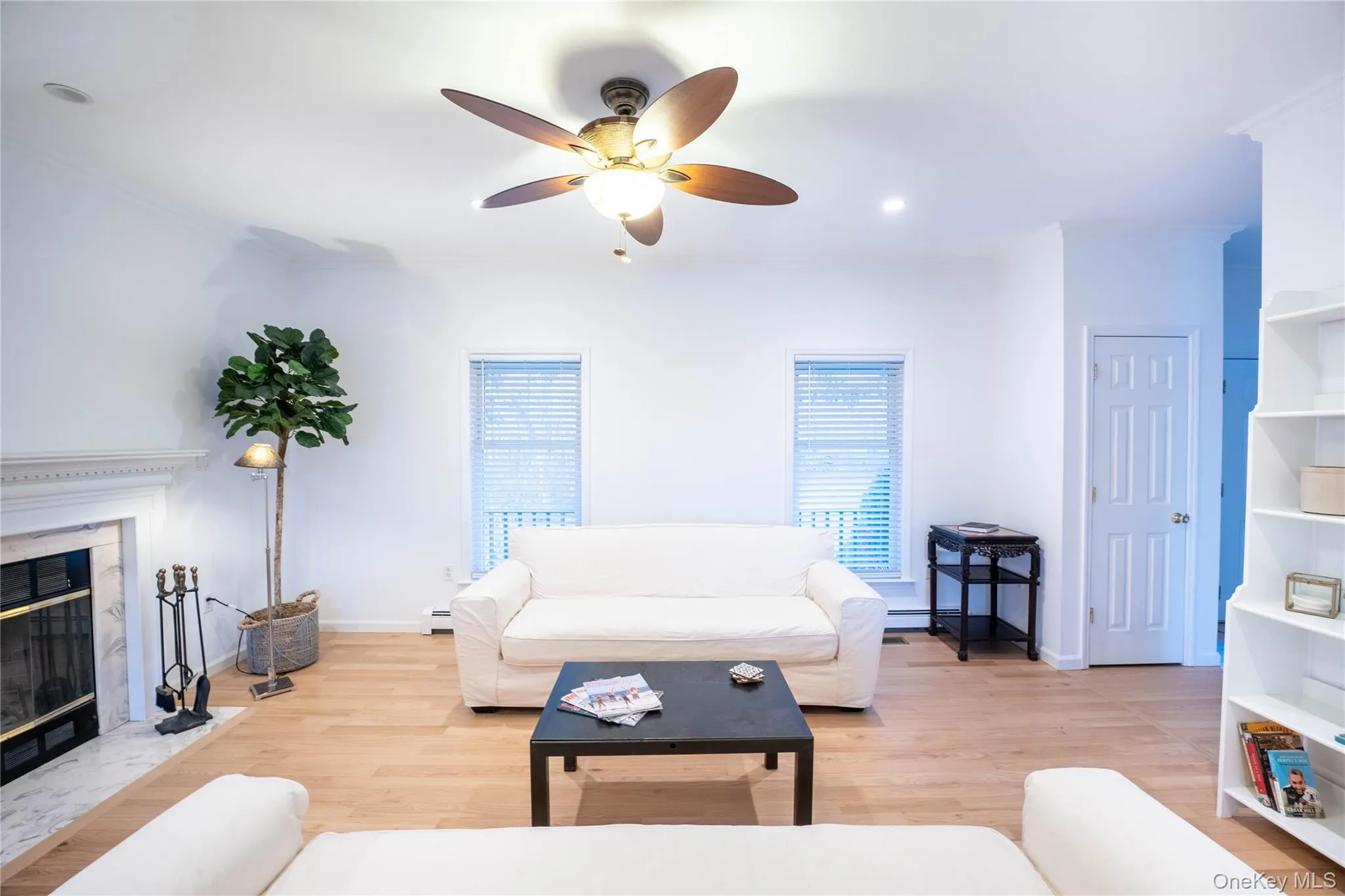 Living area with light wood-type flooring, a baseboard radiator, a fireplace, and a wealth of natural light Living area with light wood-type flooring, a baseboard radiator, a fireplace, and a wealth of natural light